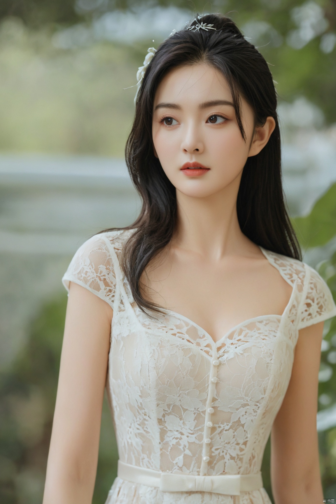  (masterpiece:1.2),1girl,photorealistic,pale_skin,realistic skin,(big breast:1.59),(looking away),long hair,straight_hair,black hair,garden, Lace_dress, Brigitte Lin