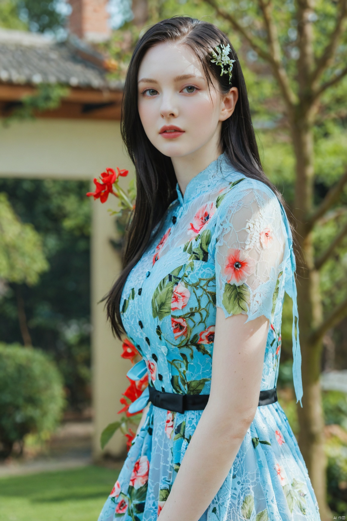  (masterpiece:1.2),1girl,photorealistic,pale_skin,realistic skin,(big breast:1.29),(looking away),long hair,straight_hair,black hair,garden, Lace_dress,