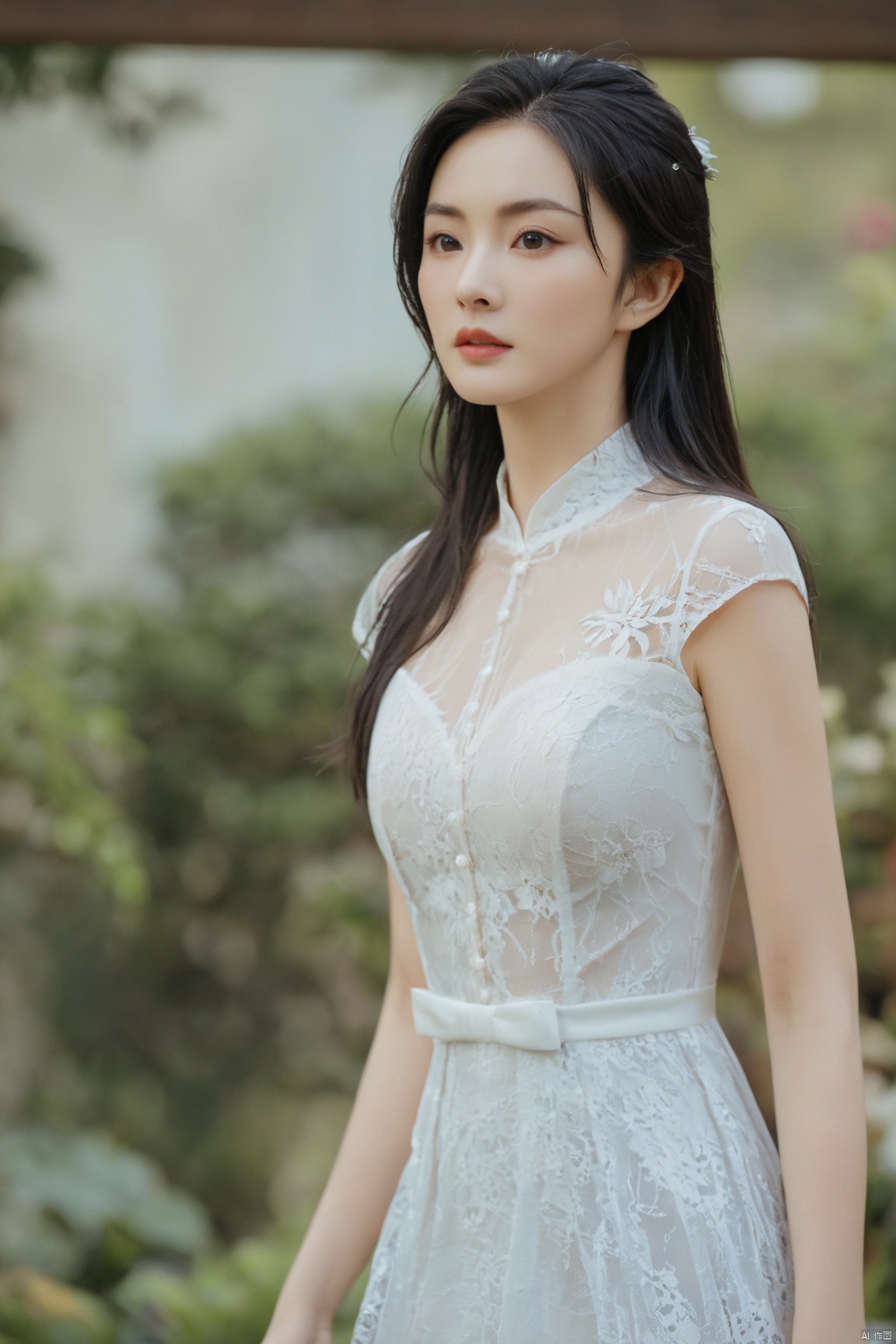  (masterpiece:1.2),1girl,photorealistic,pale_skin,realistic skin,(big breast:1.59),(looking away),long hair,straight_hair,black hair,garden, Lace_dress, Brigitte Lin