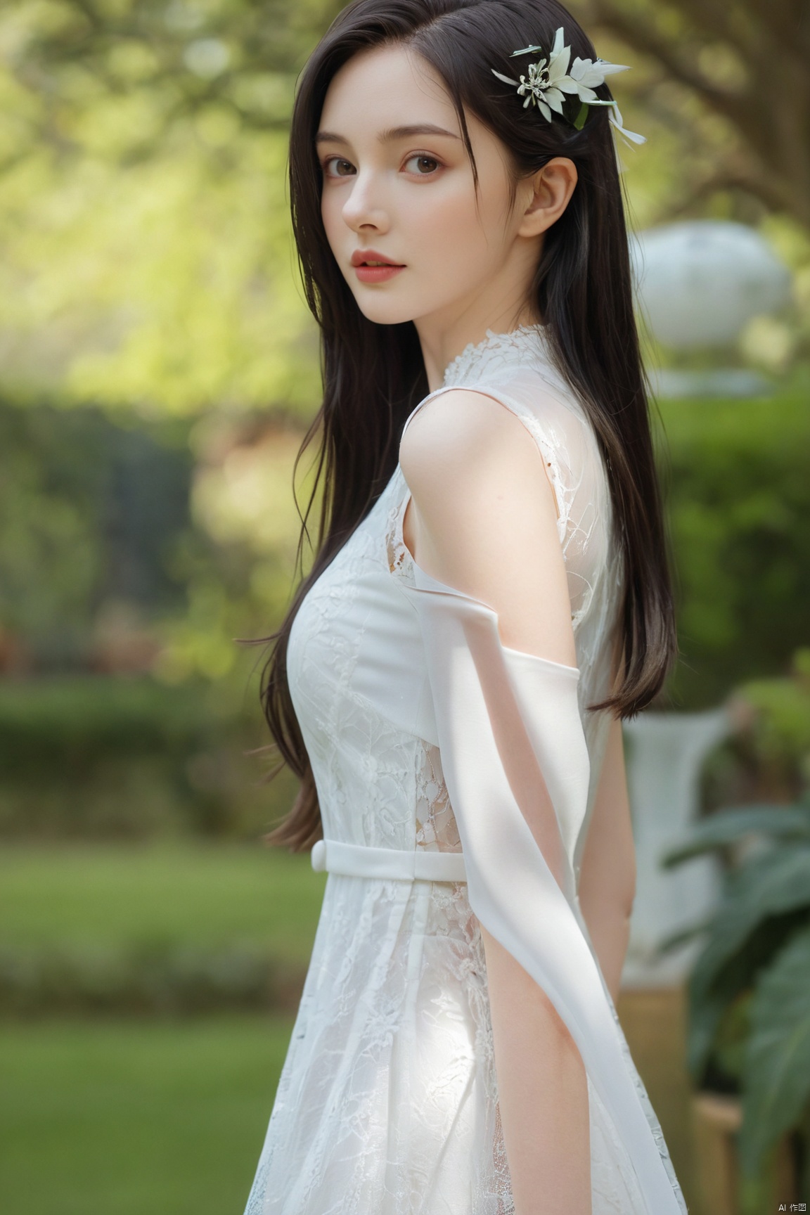  (masterpiece:1.2),1girl,photorealistic,pale_skin,realistic skin,(big breast:1.29),(looking away),long hair,straight_hair,black hair,garden, Lace_dress,