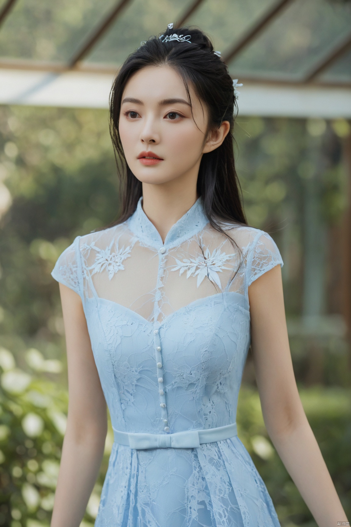  (masterpiece:1.2),1girl,photorealistic,pale_skin,realistic skin,(big breast:1.59),(looking away),long hair,straight_hair,black hair,garden, Lace_dress, Brigitte Lin