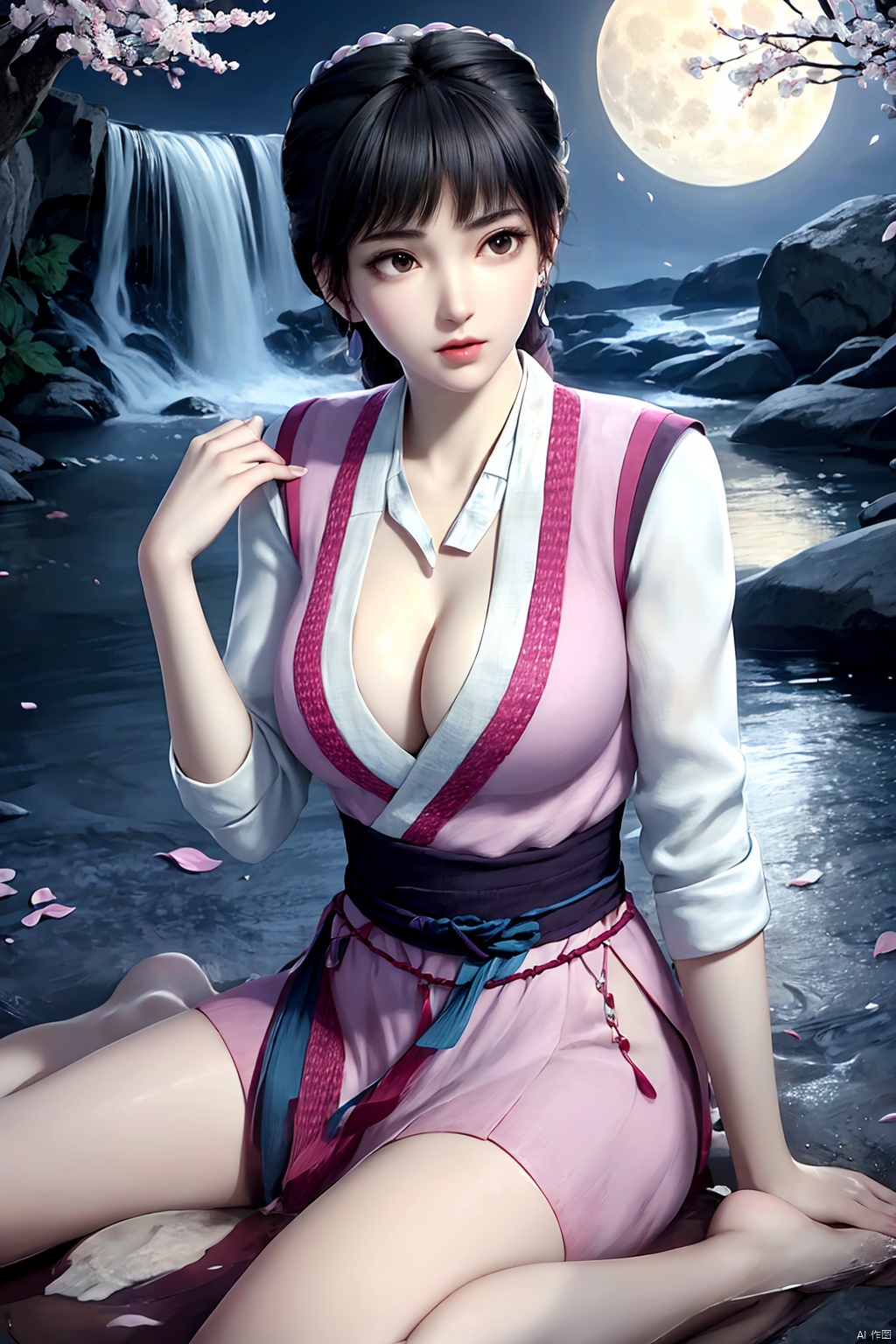 sitting, (wariza), dress, chinese_clothes, long_sleeves, looking_at_viewer, (8k, RAW photo, best_quality), (highly_detailed), (masterpiece:1.2),(ultra-detailed), (extremely_detailed_cg_8k_wallpaper),(realistic:1.2), (photorealistic:1.3),(scenery, waterfall, (cherry_blossoms), (milfeulle_sakuraba), (petals, falling_petals), full_moon, moon, night, moonlight, night_sky, sky, petals, water, stone),1girl, solo, black_hair, jewelry, earrings, hair_ornament, makeup, cleavage,white_legwear,fingernails,nail_polish,photo_\(medium\),(crystal_texture_skin:1.3), (shiny_skin:1.4),(an_extremely_delicate_and_beautiful),,