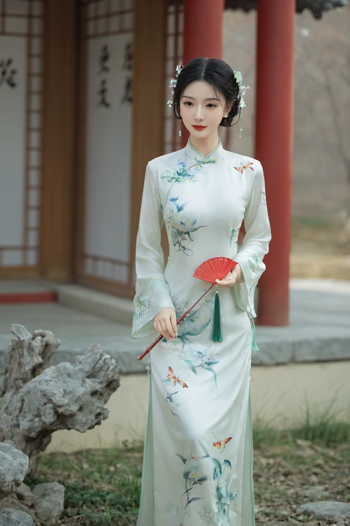  1girl, flower, solo, black hair, chinese clothes, hair ornament, hair flower, smile, indoors, vase, full body, red lips, holding, hand fan, long sleeves, blurry, own hands together, (big breast:1.89),cheongsam, X-Cheongsam, Lace_dress, X-aurora, song_hanfu, fantasy_butterfly, desert_sky,hanfu