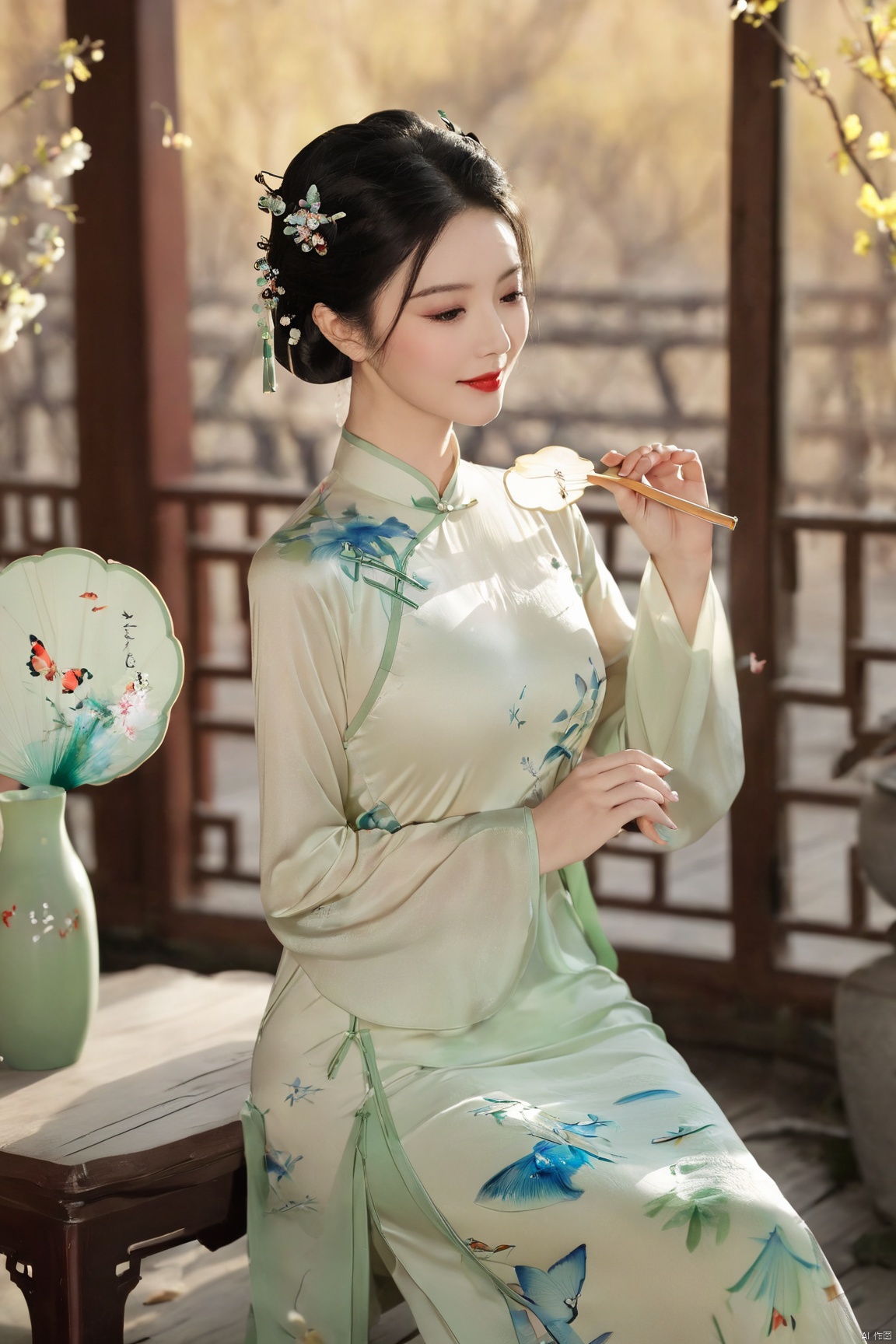  1girl, flower, solo, black hair, chinese clothes, hair ornament, hair flower, smile, indoors, vase, full body, red lips, holding, hand fan, long sleeves, blurry, own hands together, (big breast:1.89),cheongsam, X-Cheongsam, Lace_dress, X-aurora, song_hanfu, fantasy_butterfly, desert_sky