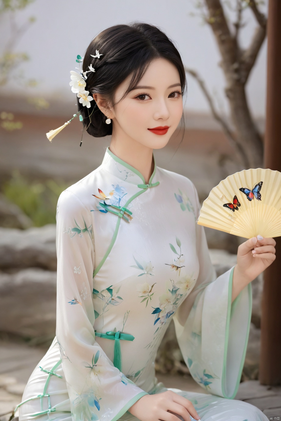  1girl, flower, solo, black hair, chinese clothes, hair ornament, hair flower, smile, indoors, vase, upper body, red lips, holding, hand fan, long sleeves, blurry, own hands together, cheongsam, X-Cheongsam, Lace_dress, X-aurora, song_hanfu, fantasy_butterfly, desert_sky