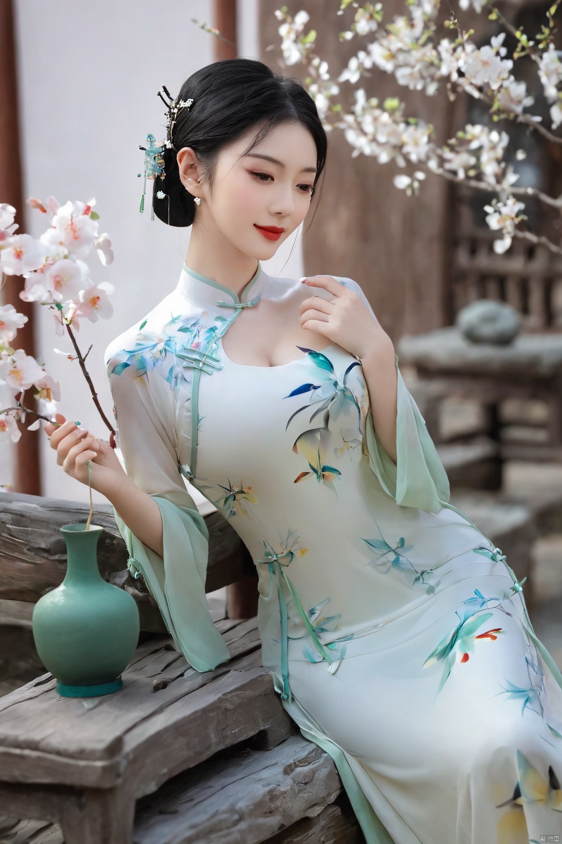  1girl, flower, solo, black hair, chinese clothes, hair ornament, hair flower, smile, indoors, vase, full body, red lips, holding, hand fan, long sleeves, blurry, own hands together, (big breast:1.89),cheongsam, X-Cheongsam, Lace_dress, X-aurora, song_hanfu, fantasy_butterfly, desert_sky