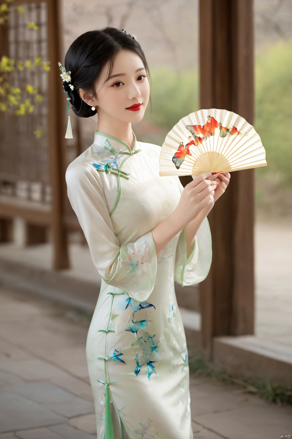  1girl, flower, solo, black hair, chinese clothes, hair ornament, hair flower, smile, indoors, vase, upper body, red lips, holding, hand fan, long sleeves, blurry, own hands together, cheongsam, X-Cheongsam, Lace_dress, X-aurora, song_hanfu, fantasy_butterfly, desert_sky