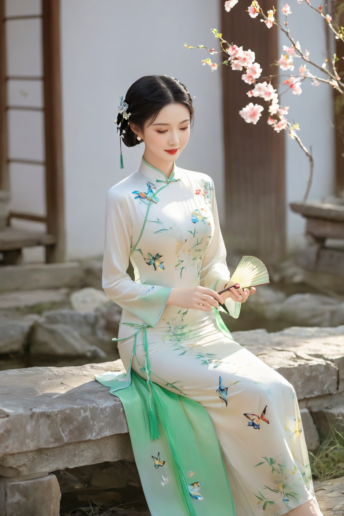  1girl, flower, solo, black hair, chinese clothes, hair ornament, hair flower, smile, indoors, vase, full body, red lips, holding, hand fan, long sleeves, blurry, own hands together, (big breast:1.69),cheongsam, X-Cheongsam, Lace_dress, X-aurora, song_hanfu, fantasy_butterfly, desert_sky