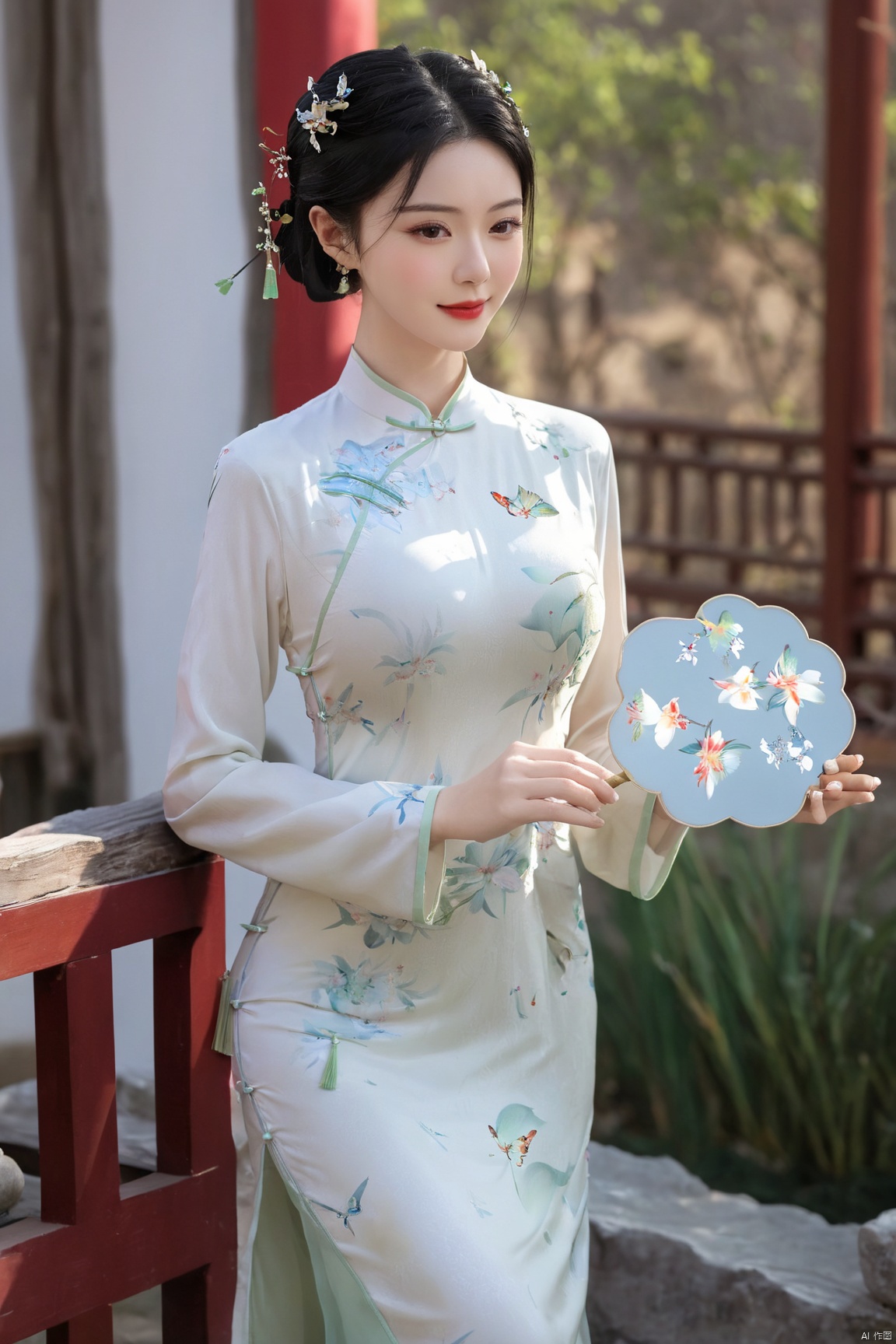  1girl, flower, solo, black hair, chinese clothes, hair ornament, hair flower, smile, indoors, vase, full body, red lips, holding, hand fan, long sleeves, blurry, own hands together, (big breast:1.89),cheongsam, X-Cheongsam, Lace_dress, X-aurora, song_hanfu, fantasy_butterfly, desert_sky