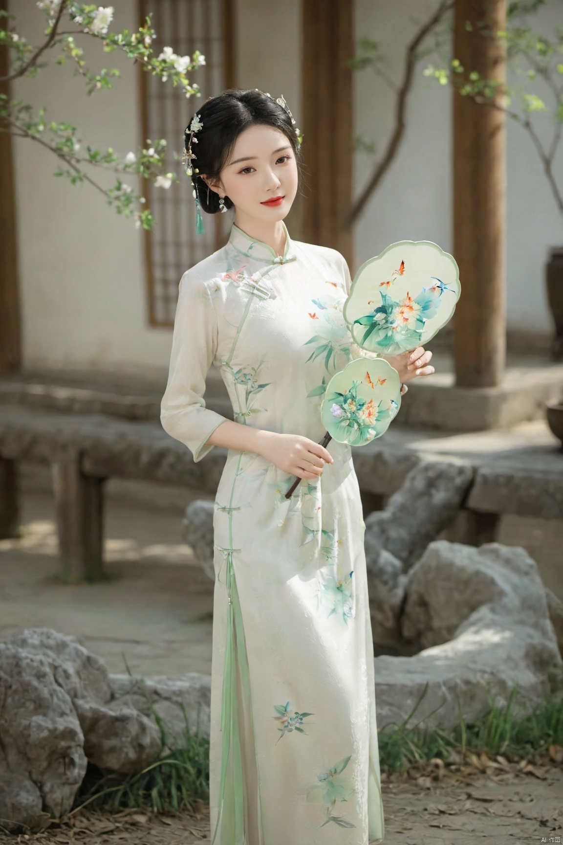  1girl, flower, solo, black hair, chinese clothes, hair ornament, hair flower, smile, indoors, vase, full body, red lips, holding, hand fan, long sleeves, blurry, own hands together, (big breast:1.89),cheongsam, X-Cheongsam, Lace_dress, X-aurora, song_hanfu, fantasy_butterfly, desert_sky,hanfu