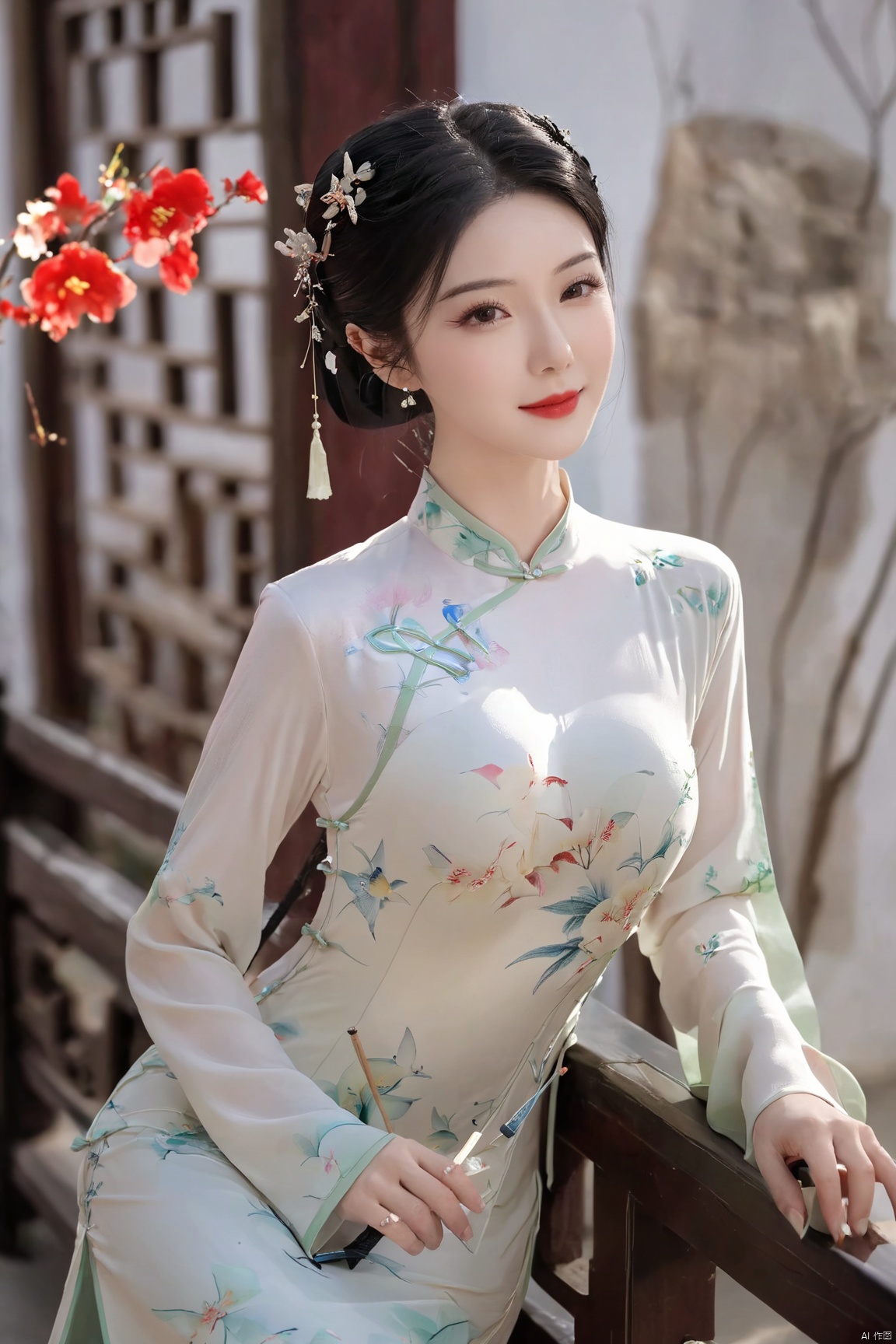  1girl, flower, solo, black hair, chinese clothes, hair ornament, hair flower, smile, indoors, vase, full body, red lips, holding, hand fan, long sleeves, blurry, own hands together, (big breast:1.89),cheongsam, X-Cheongsam, Lace_dress, X-aurora, song_hanfu, fantasy_butterfly, desert_sky