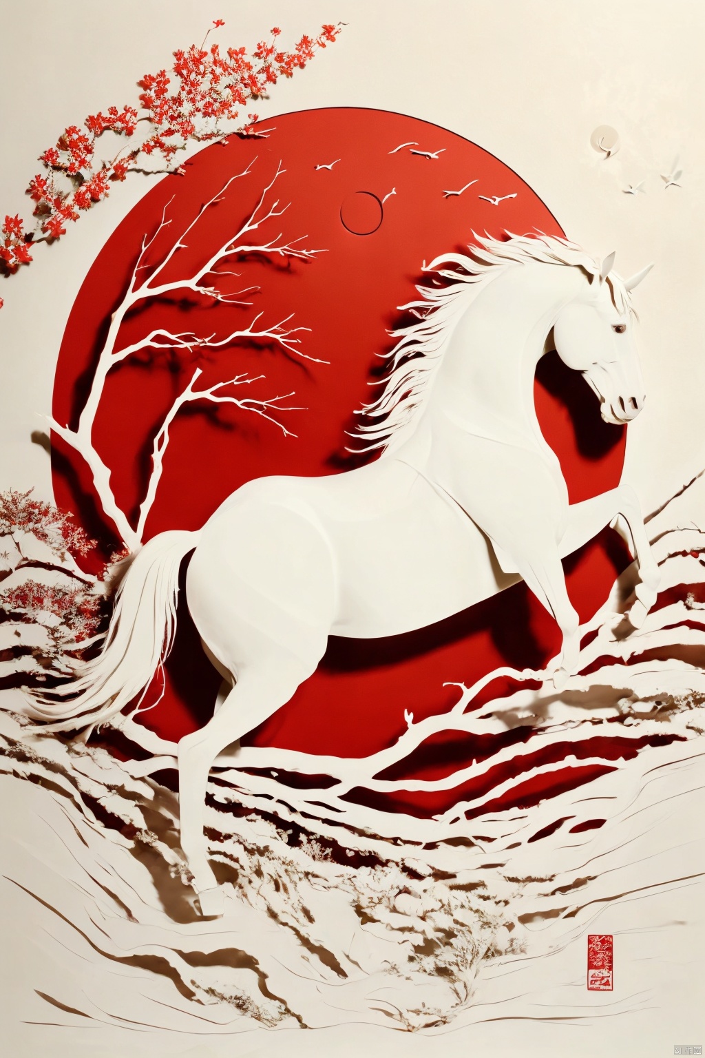 solo, red eyes, flower, horns, tree, no humans, moon, single horn, branch,horse,fdjz
