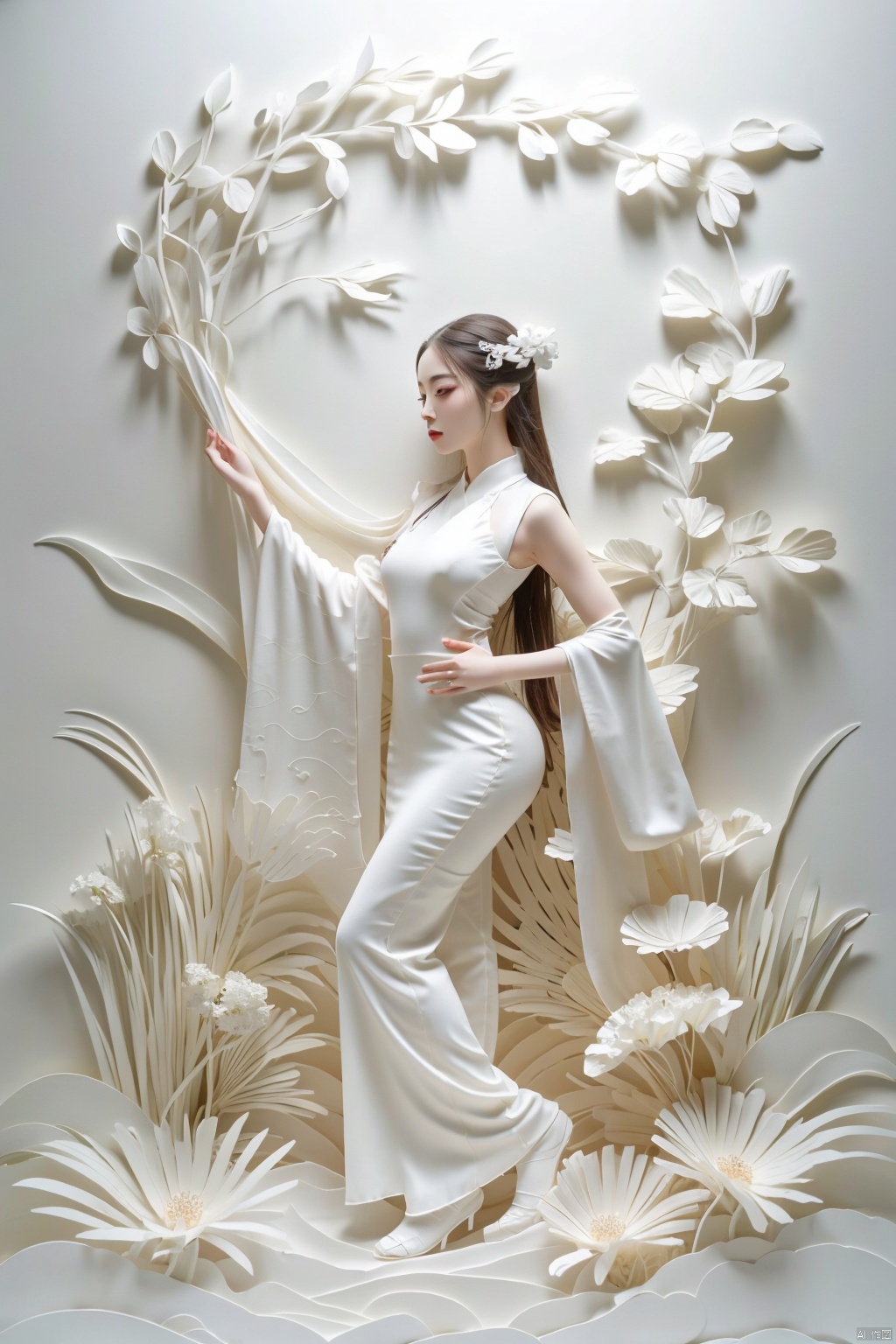  fdjz,a girl,full body,long legs,white background,white theme,long hair,make up,white hanfu,dress