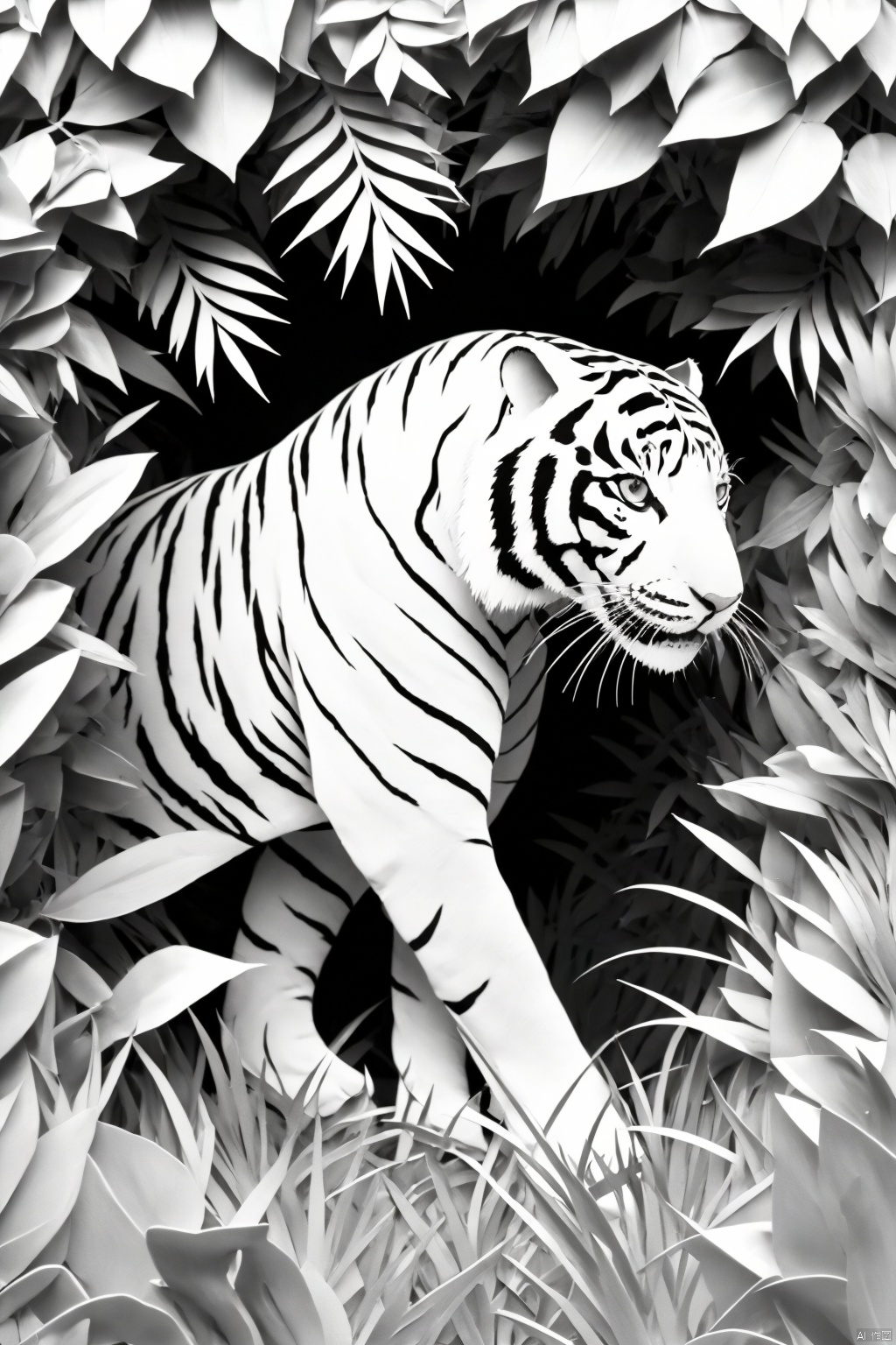 fdjz
solo
monochrome
flower
no humans
animal
leaf
plant
stairs
tiger
white theme