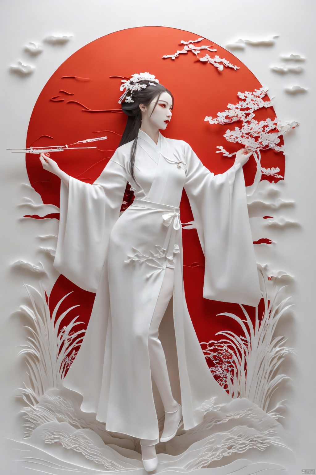  fdjz,a girl,full body,long legs,white background,red theme,long hair,make up,white hanfu,dress