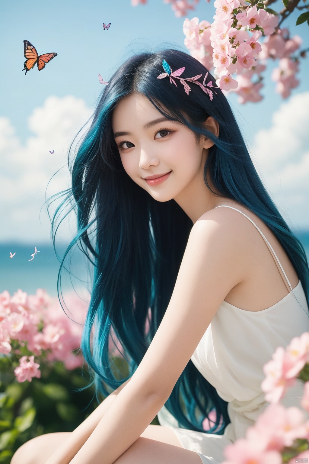 best quality, masterpiece, realistic,cowboy_shot,(Good structure), DSLR Quality,Depth of field,kind smile,looking_at_viewer,Dynamic pose, 1girl, long hair, fluttering in the wind, sitting in a sea of pink flowers, with butterflies everywhere. Butterfly headdresses, fluttering butterflies in the sky, colorful auspicious clouds, (colorful hair,  , gradient hair, long hair,),tangwutong,blue hair