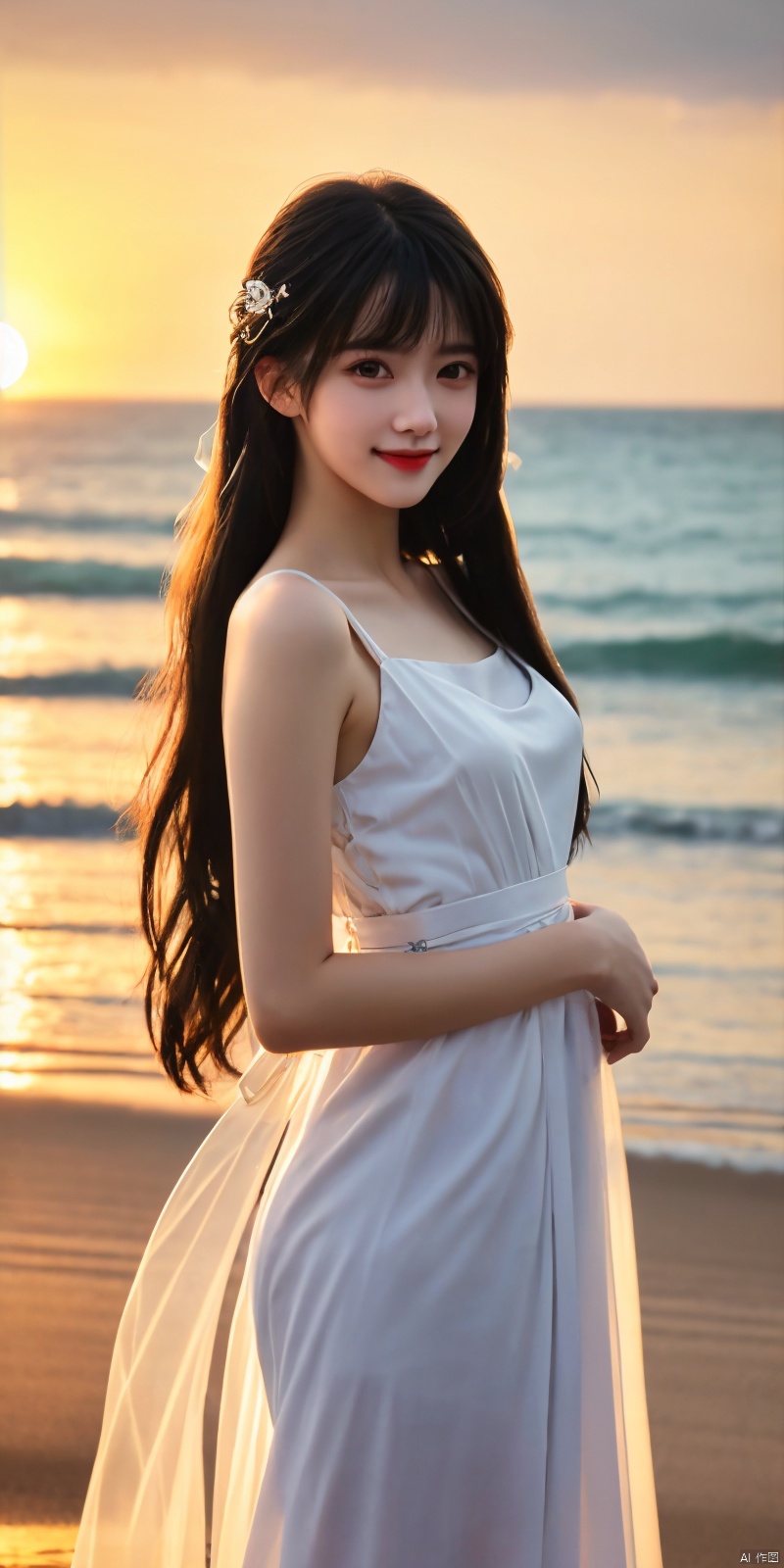 best quality, masterpiece, realistic,cowboy_shot,(Good structure), DSLR Quality,Depth of field,kind smile,looking_at_viewer,Dynamic pose, 
1girl, solo, looking at viewer, , ,, , bangs, black hair, dress, ribbon, bare shoulders, brown eyes, standing, collarbone, , outdoors, sky, sleeveless, cloud, signature, blunt bangs, water, white dress, bare arms, black ribbon, sleeveless dress, ocean, sunlight, wading, sunset, skirt hold, sun, horizon, sundress, see-through silhouette, qingyi,hair ornament, long hair