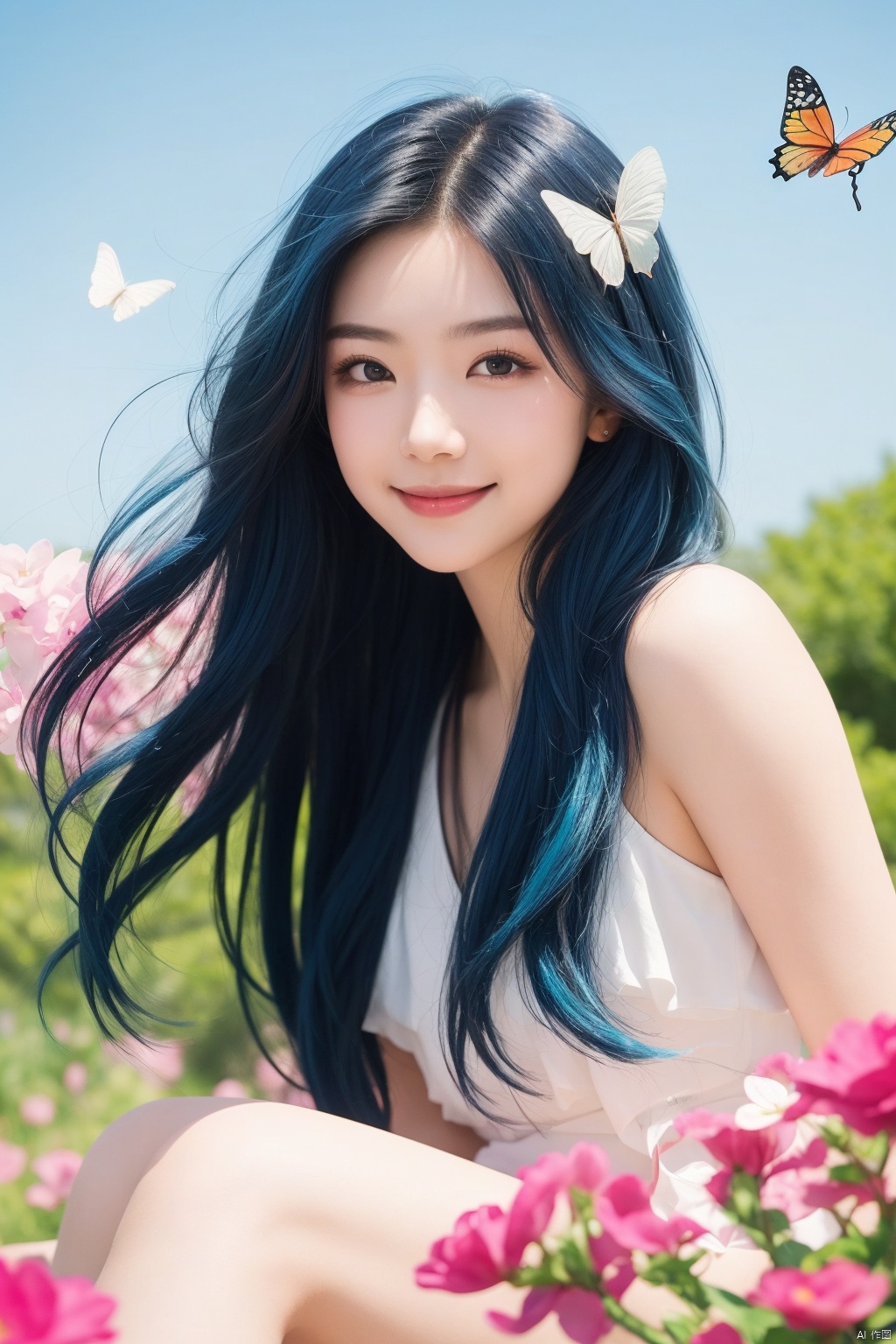 best quality, masterpiece, realistic,cowboy_shot,(Good structure), DSLR Quality,Depth of field,kind smile,looking_at_viewer,Dynamic pose, 1girl, long hair, fluttering in the wind, sitting in a sea of pink flowers, with butterflies everywhere. Butterfly headdresses, fluttering butterflies in the sky, colorful auspicious clouds, (colorful hair,  , gradient hair, long hair,),tangwutong,blue hair
