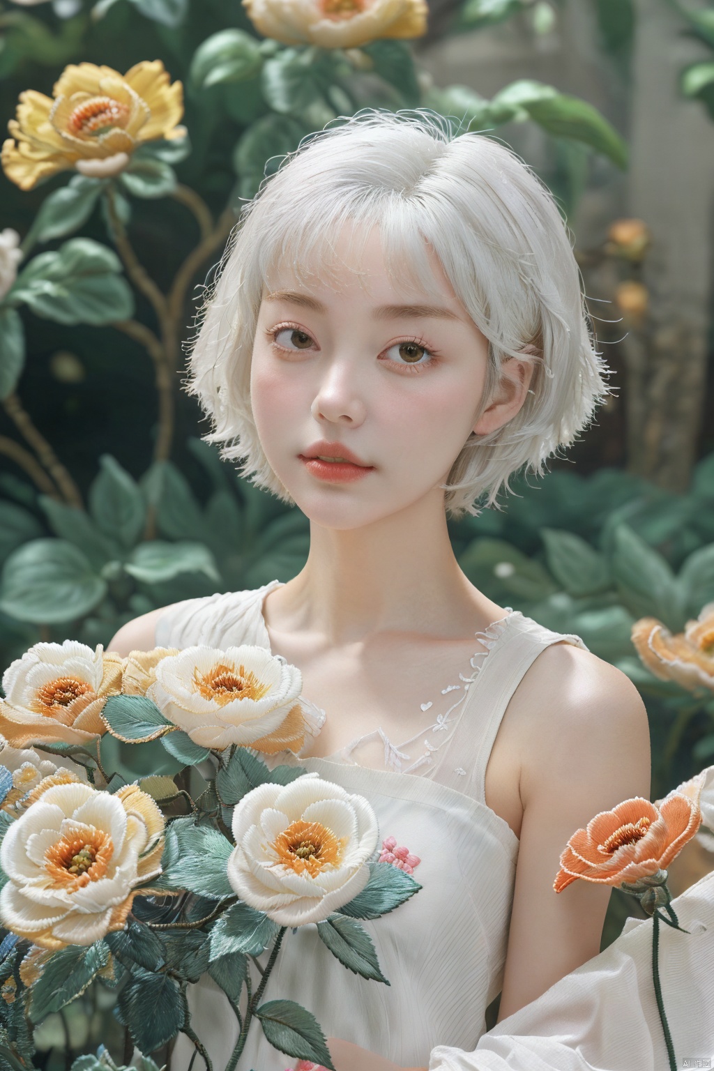  a girl,solo,upper body,embroidery，Outdoor, flowers, flowers, looking at viewers,Short white hair