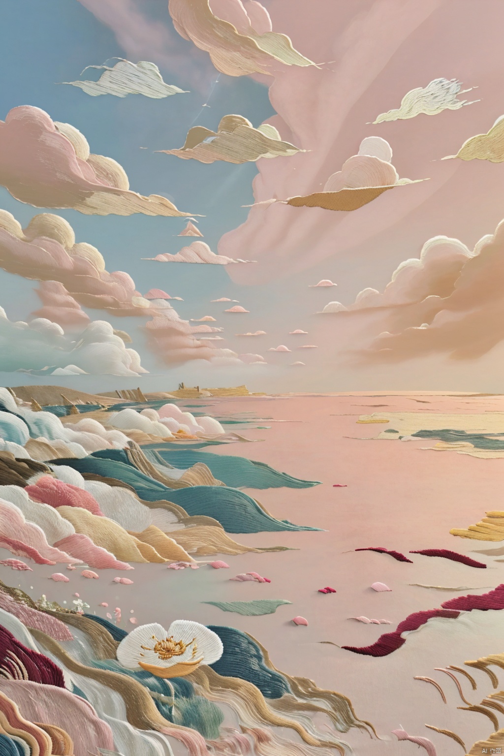 embroidery
flower
outdoors
sky
cloud
petals
no humans
ocean
cloudy sky
scenery
pink flower