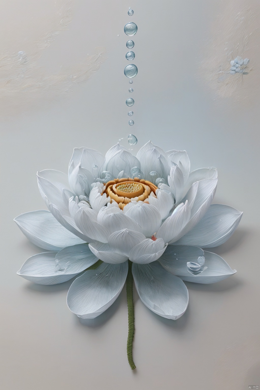 solo, simple background, grey background, no humans, bubble,Embroidery, Lotus,Flowers, pale blue white flowers