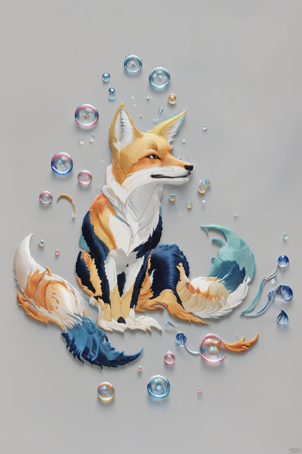 solo, simple background, tail, grey background, no humans, fox tail, multiple tails, bubble,embroidery