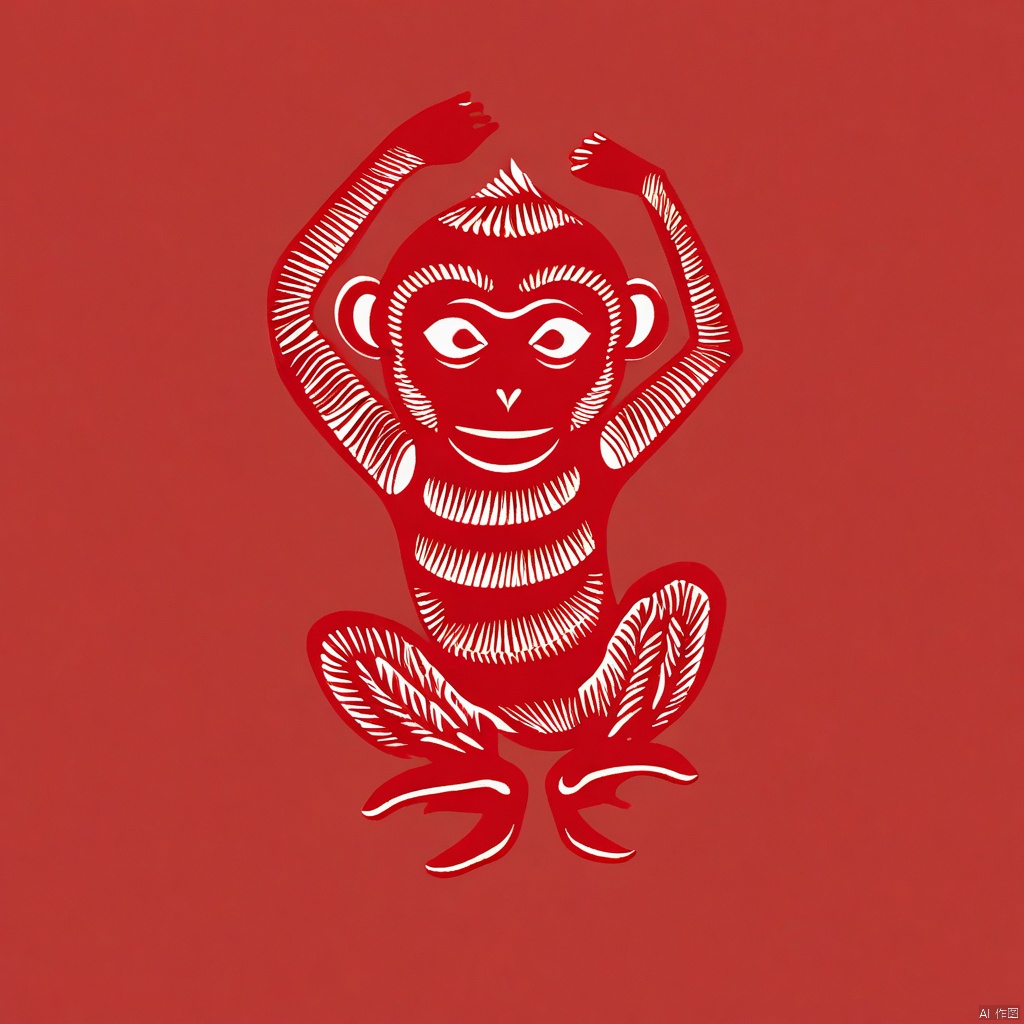 Paper-cut art, solo, Simple background, White background, monochrome, full body, no person, red theme, monkey