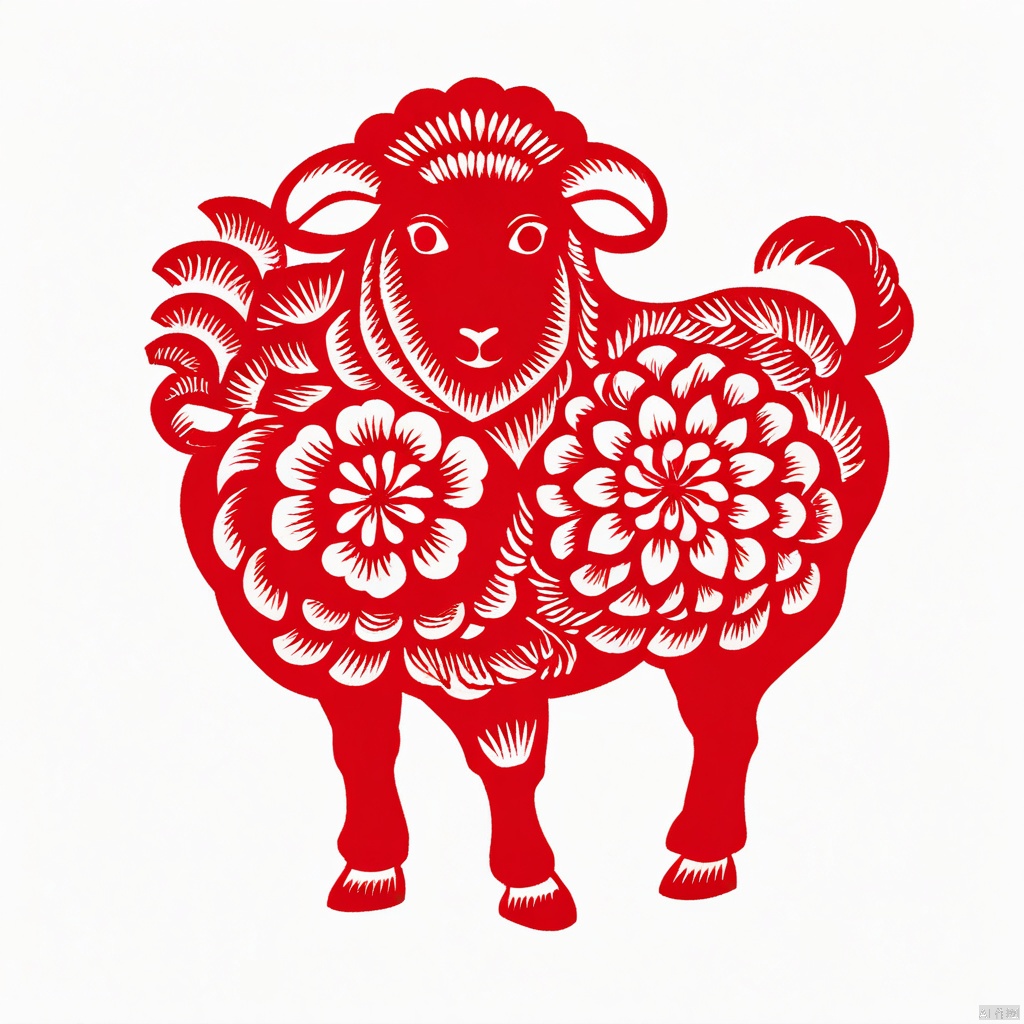 Paper-cut art, solo, Simple background, White background, monochrome, whole body, no people, red theme, sheep