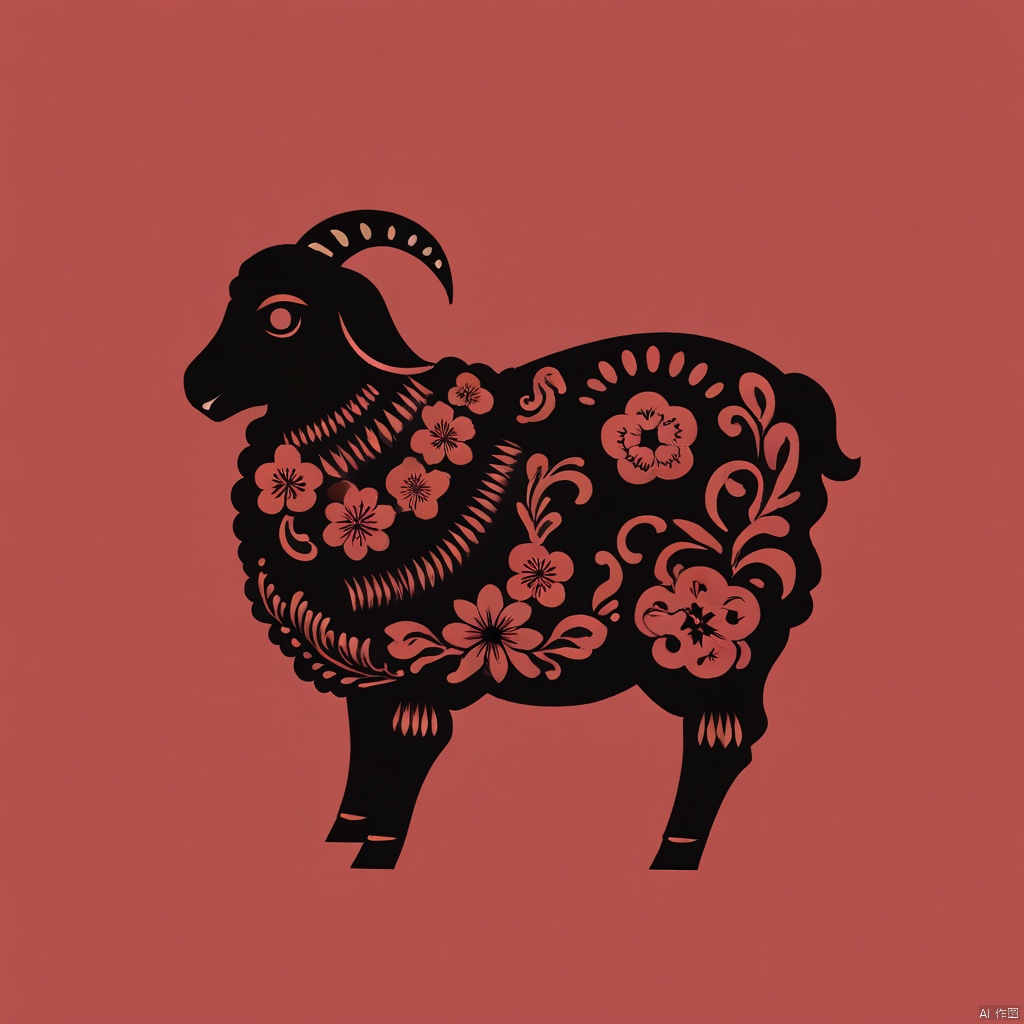 Paper-cut art, solo, Simple background, White background, monochrome, whole body, no people, red theme, sheep