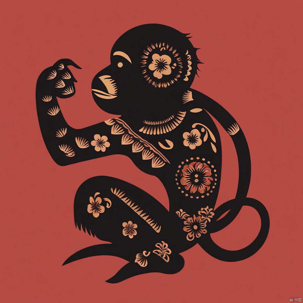 Paper-cut art, solo, Simple background, White background, monochrome, full body, no person, red theme, monkey