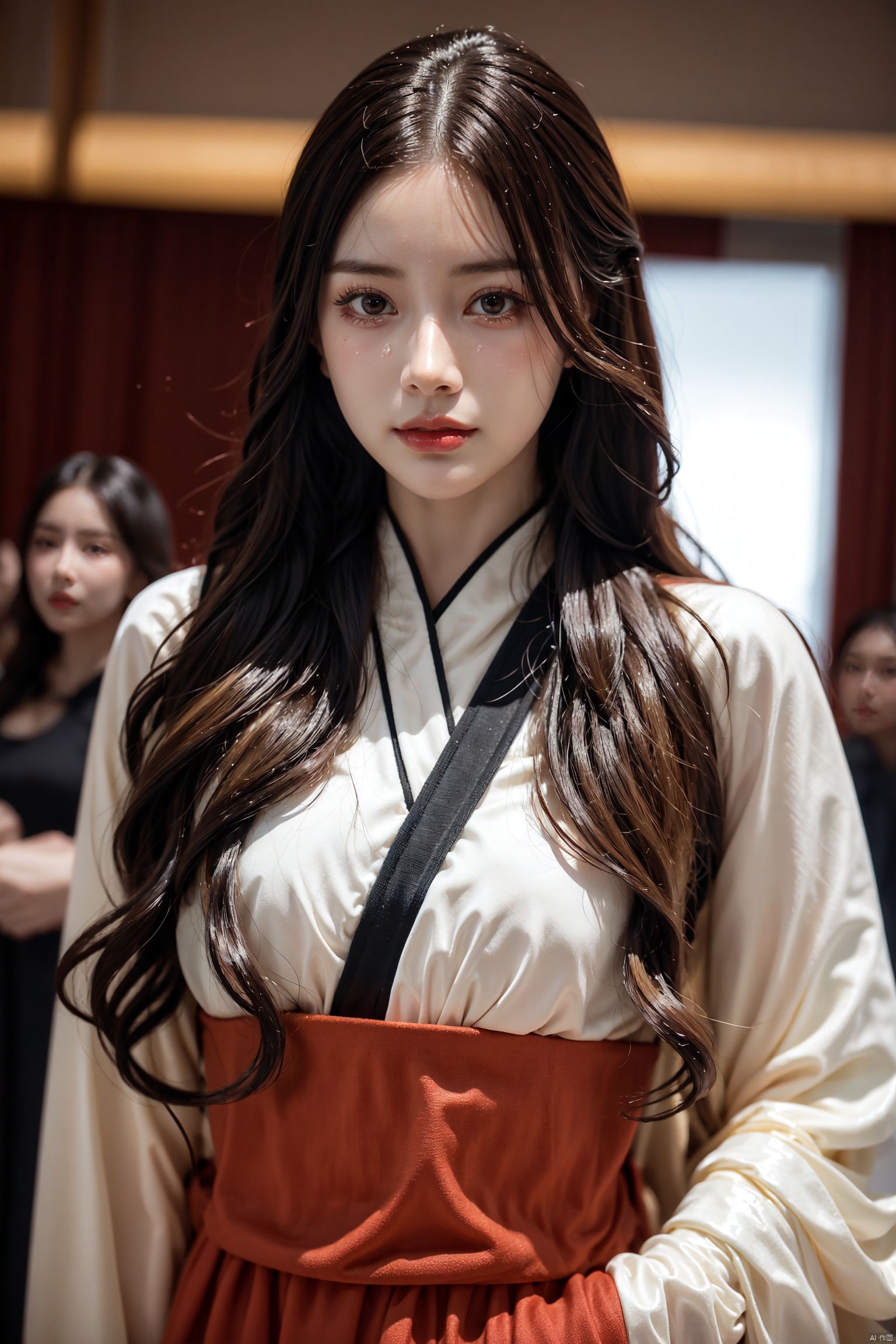  girlvn01, 1girl, hanfu, smile, Stunningly Beautiful girl, Haute_Couture, designer dress, wearing Haute_Couture, posing for a picture, fashion show, long shaped face, dark red eyes, sandy blonde side-wept hair, long hair, long ringlets, catwalk aesthetic, details, highest, amazing,