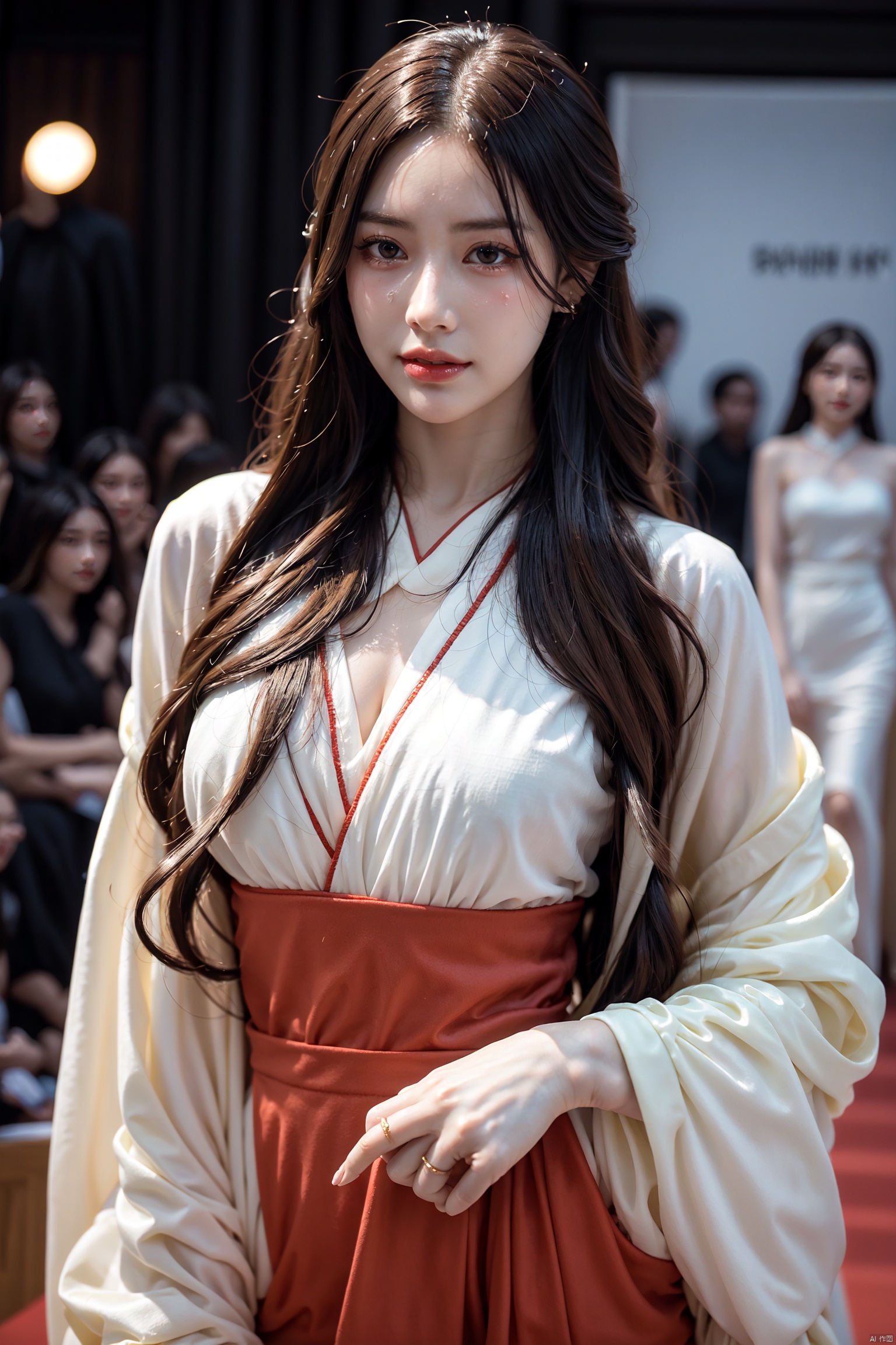  girlvn01, 1girl, hanfu, smile, Stunningly Beautiful girl, Haute_Couture, designer dress, wearing Haute_Couture, posing for a picture, fashion show, long shaped face, dark red eyes, sandy blonde side-wept hair, long hair, long ringlets, catwalk aesthetic, details, highest, amazing,