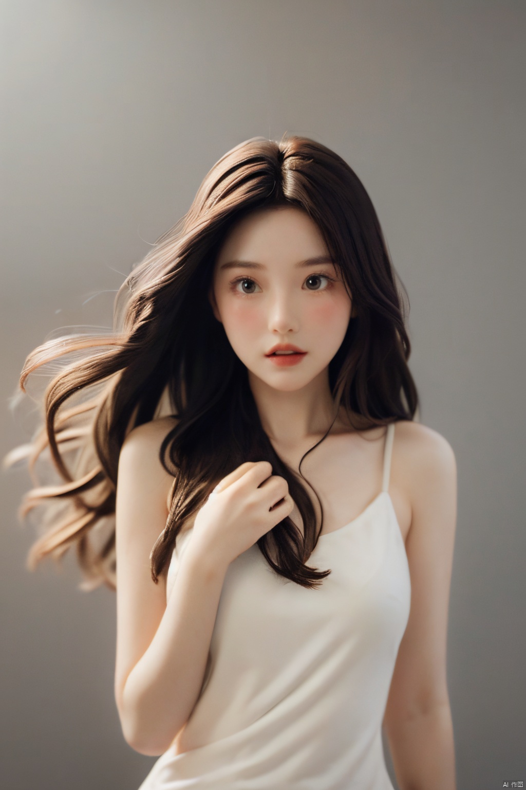  masterpiece, best quality, 1girl ,(( grey background)), long hair, floating hair,looking at viewers, happy, ((front)), (studio light),upper body,soft light, black and white,dark style, summer,