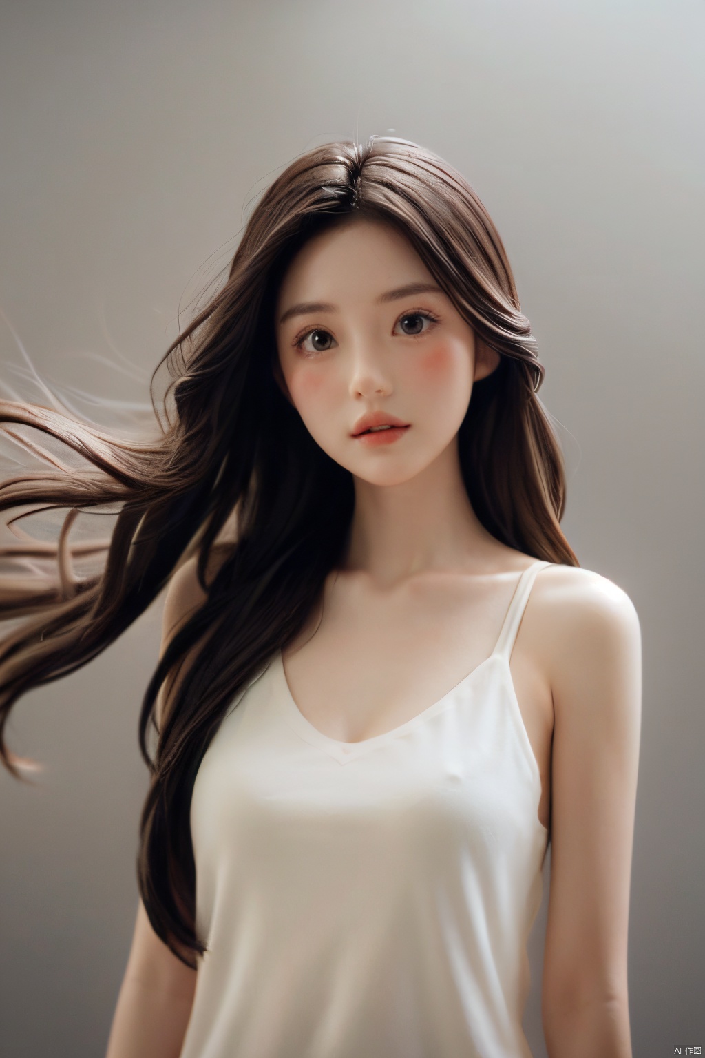  masterpiece, best quality, 1girl ,(( grey background)), long hair, floating hair,looking at viewers, happy, ((front)), (studio light),upper body,soft light, black and white,dark style, summer,