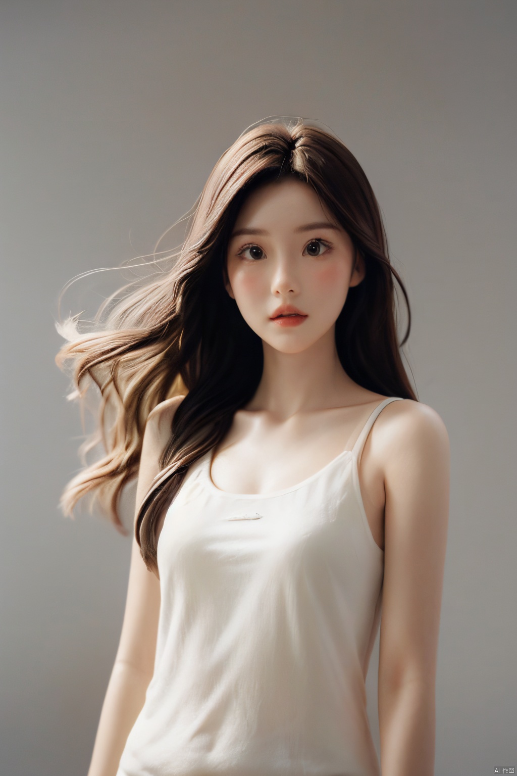  masterpiece, best quality, 1girl ,(( grey background)), long hair, floating hair,looking at viewers, happy, ((front)), (studio light),upper body,soft light, black and white,dark style, summer,