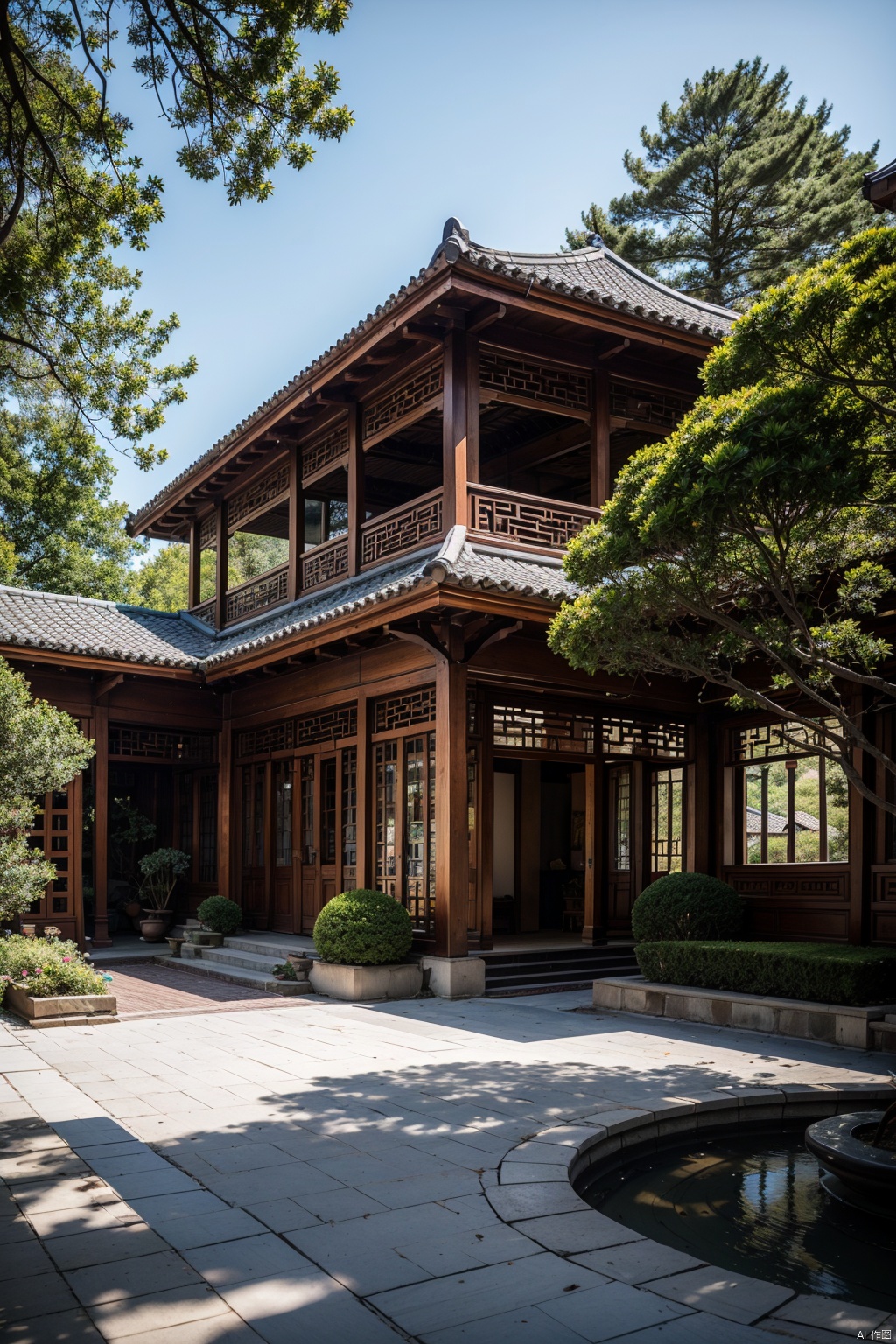 Outdoor, ancient Chinese gardens, stone decorated gardens, distant hexagonal pavilions, blue tiles, circular columns, hollow wooden railings, Chinese style, ultra detailed textures, optimal proportions, 8K - HD, high-resolution,  AI Chinese Style