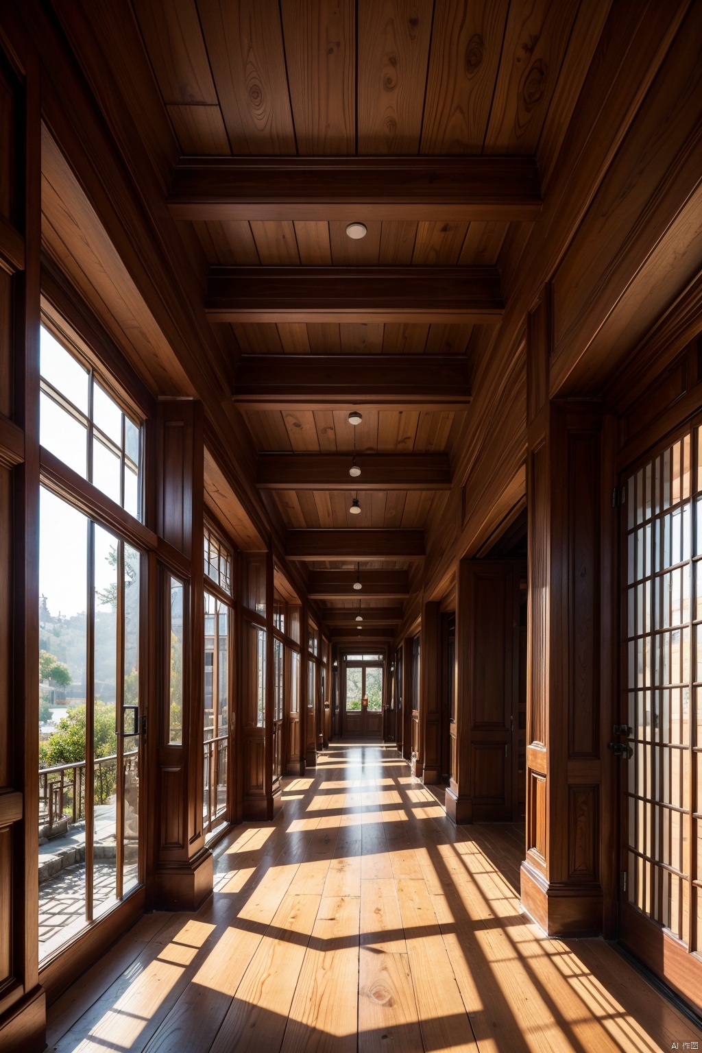 Ancient Chinese style corridor with spacious design, circular wooden columns, red wall decorations, hollow carved windows, rough stone flooring, Chinese style, vintage craftsmanship, last century architecture, ultra detailed textures, optimal proportions, 8K HD, high-resolution,  AI Chinese Style