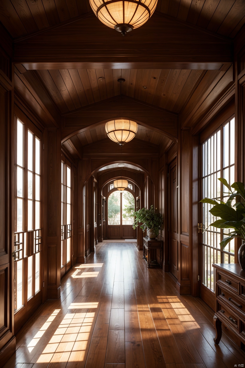 Luxury Chinese style corridor, spacious design, thick wooden columns, red wall decoration, hollow carved windows, rough stone flooring, perfect Chinese style, super detailed texture, optimal proportion, 8K - HD, high-resolution,  AI Chinese Style