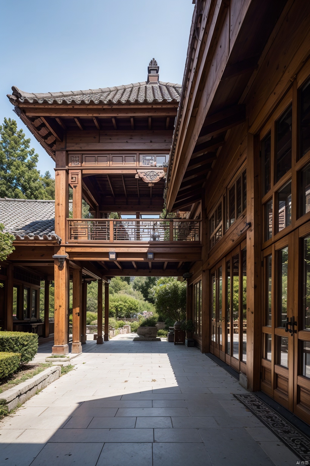 Outdoor, ancient Chinese style architecture with tall eaves, blue tiles, circular columns, red wall decorations, hollowed out carved windows, stilted buildings, Chinese style, ultra detailed textures, optimal proportions, 8K HD, high-resolution,  AI Chinese Style