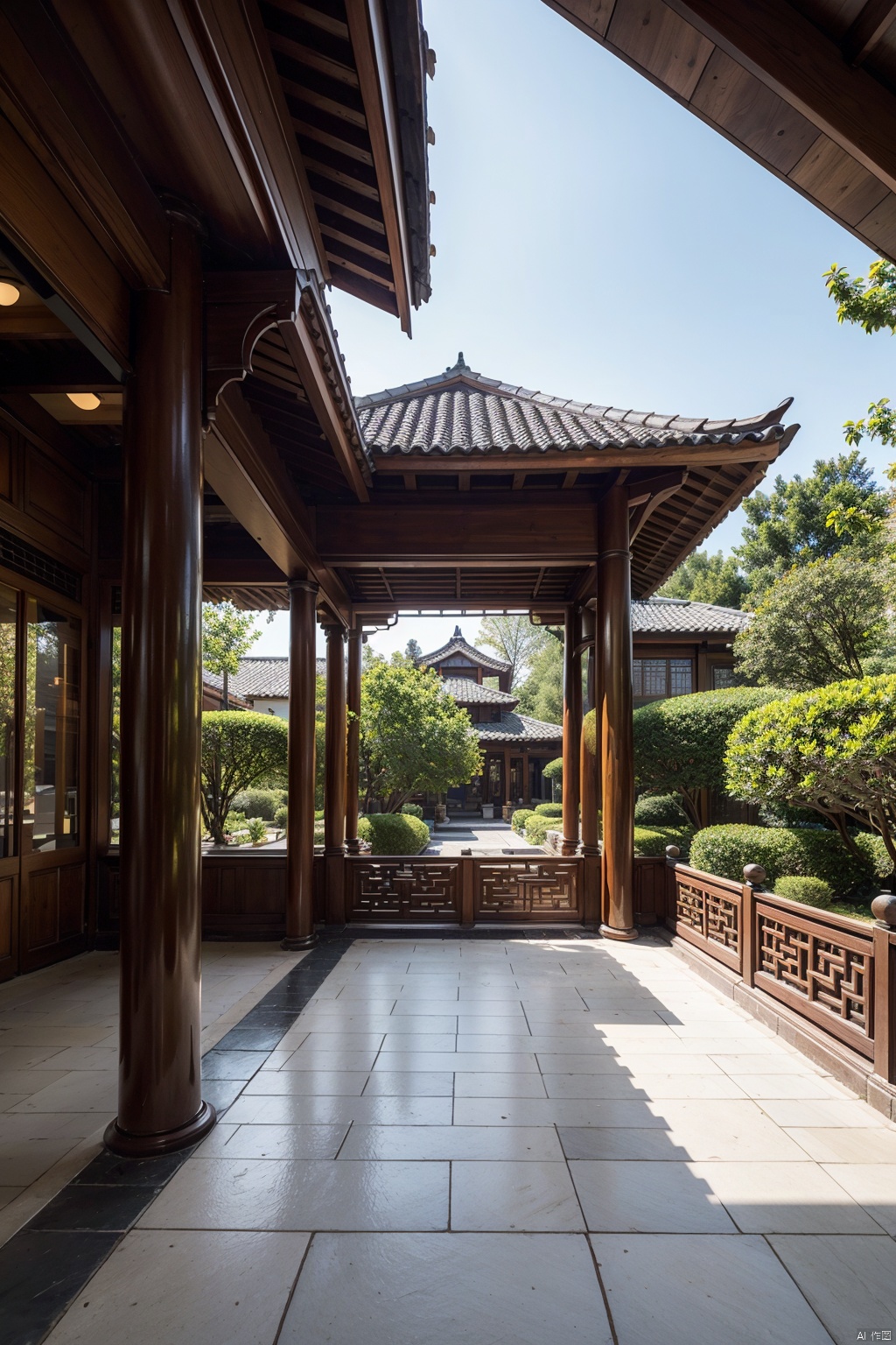 Outdoor, ancient Chinese gardens, stone decorated gardens, distant hexagonal pavilions, blue tiles, circular columns, hollow wooden railings, Chinese style, ultra detailed textures, optimal proportions, 8K - HD, high-resolution,  AI Chinese Style