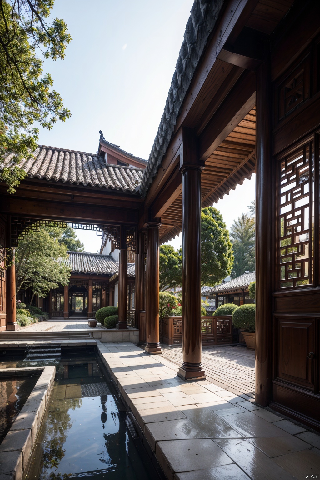 Outdoor, ancient Chinese gardens, stone decorated gardens, blue brick walls, blue tiles, circular columns, hollow wooden railings, Chinese style, ultra detailed textures, optimal proportions, 8K - HD, high-resolution,  AI Chinese Style,