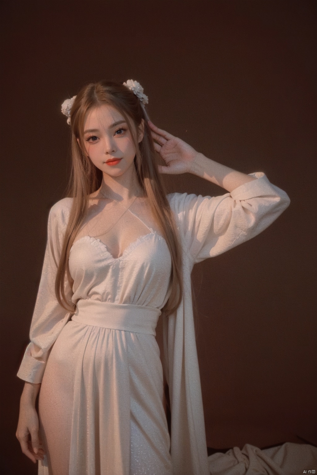  girlvn01, 1girl, hanfu, smile, Stunningly Beautiful girl, Haute_Couture, designer dress, wearing Haute_Couture, posing for a picture, fashion show, long shaped face, dark red eyes, sandy blonde side-wept hair, long hair, long ringlets, catwalk aesthetic, details, highest, amazing,