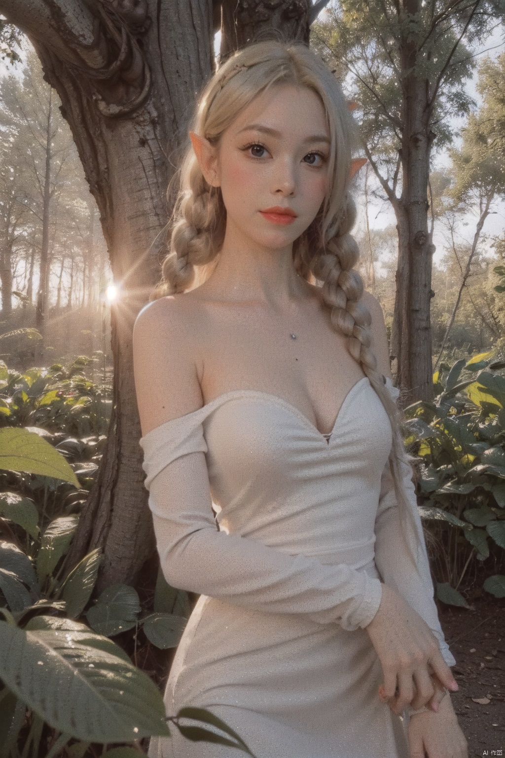  (masterpiece, best quality, high quality, highres, ultra-detailed), realistic,,,1 sweet girl, the greater lord rukkhadevata, (side braid:1.1), long hair,((white hair)), leaf hair ornament, (pointy ears), elf, green eyes, pale skin, bare shoulders, (medium breasts), (cleavage:1.1), jewelry, white long dress, (detached sleeves:1.1), bracelet, (looking away:1.2), (hair floating:1.3), from side,,(in forest:1.3), (pink flowers:1.1), (falling petals:1.1), (lens flare from right:1.2), (god rays from right:1.2),,,