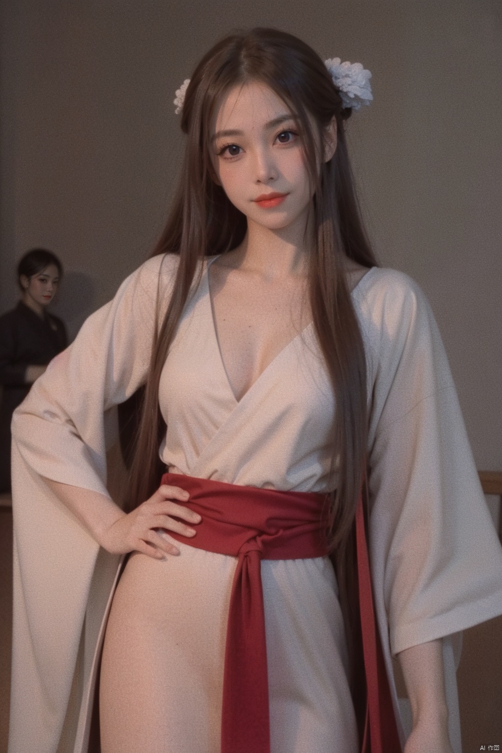  girlvn01, 1girl, hanfu, smile, Stunningly Beautiful girl, Haute_Couture, designer dress, wearing Haute_Couture, posing for a picture, fashion show, long shaped face, dark red eyes, sandy blonde side-wept hair, long hair, long ringlets, catwalk aesthetic, details, highest, amazing,