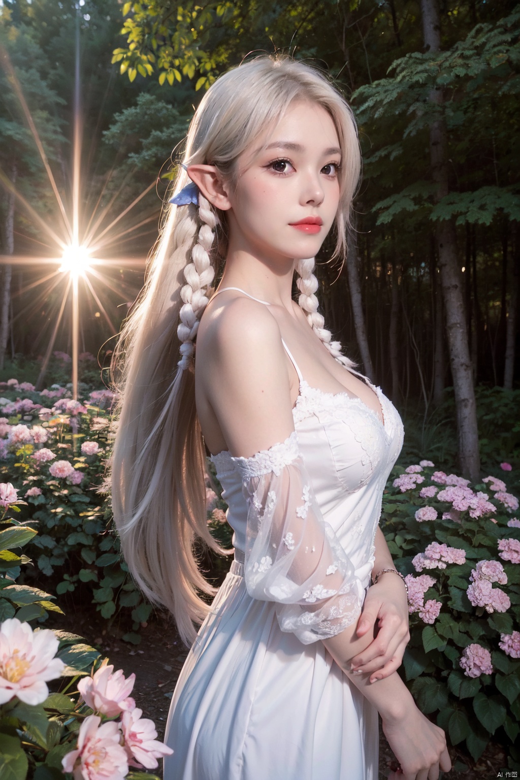  (masterpiece, best quality, high quality, highres, ultra-detailed), realistic,,,1 sweet girl, the greater lord rukkhadevata, (side braid:1.1), long hair,((white hair)), leaf hair ornament, (pointy ears), elf, green eyes, pale skin, bare shoulders, (medium breasts), (cleavage:1.1), jewelry, white long dress, (detached sleeves:1.1), bracelet, (looking away:1.2), (hair floating:1.3), from side,,(in forest:1.3), (pink flowers:1.1), (falling petals:1.1), (lens flare from right:1.2), (god rays from right:1.2),,,
