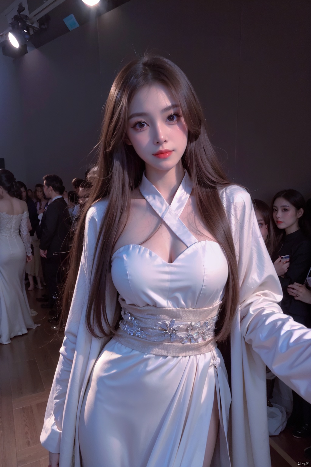  girlvn01, 1girl, hanfu, smile, Stunningly Beautiful girl, Haute_Couture, designer dress, wearing Haute_Couture, posing for a picture, fashion show, long shaped face, dark red eyes, sandy blonde side-wept hair, long hair, long ringlets, catwalk aesthetic, details, highest, amazing,