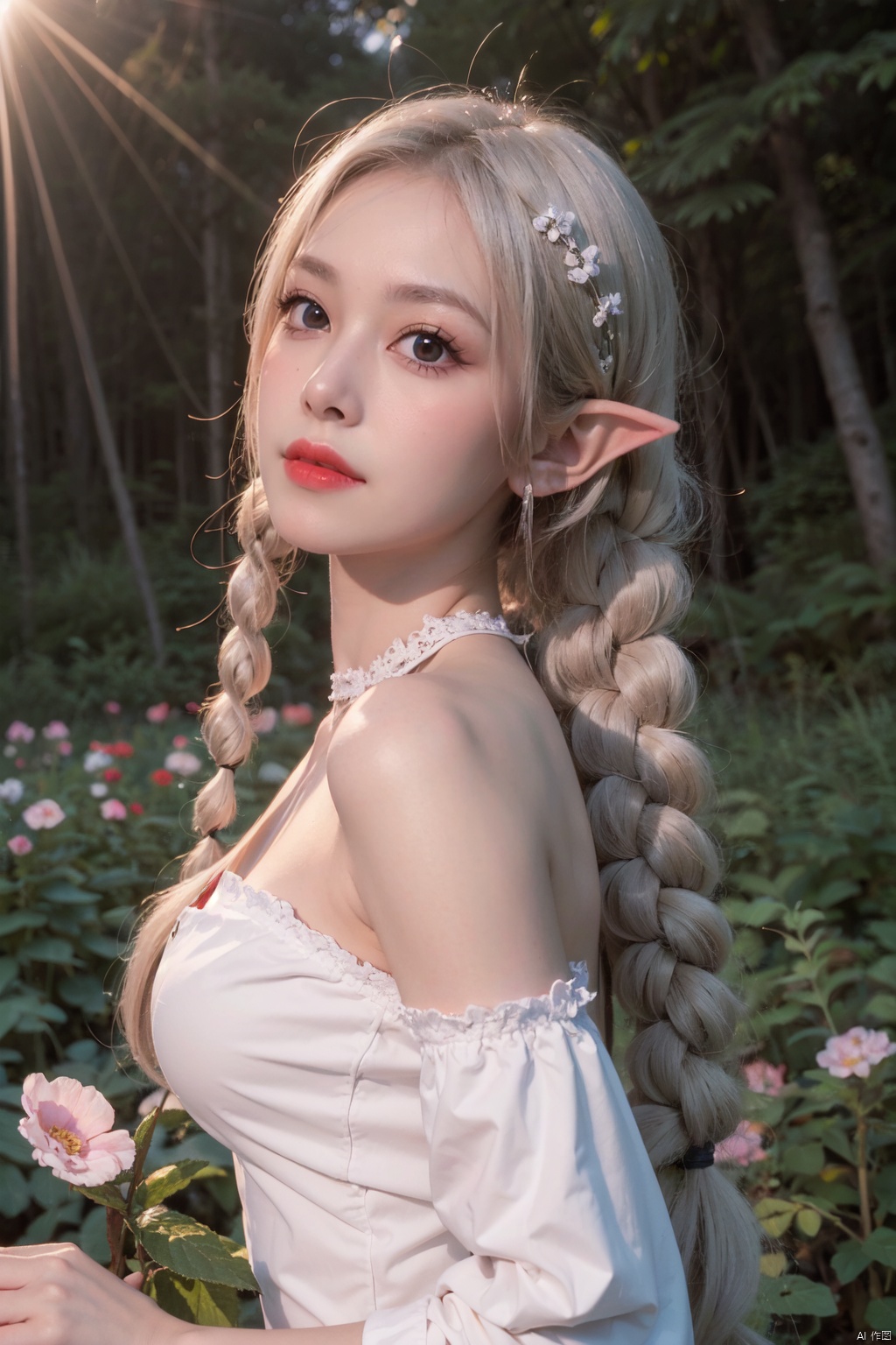  (masterpiece, best quality, high quality, highres, ultra-detailed), realistic,,,1 sweet girl, the greater lord rukkhadevata, (side braid:1.1), long hair,((white hair)), leaf hair ornament, (pointy ears), elf, green eyes, pale skin, bare shoulders, (medium breasts), (cleavage:1.1), jewelry, white long dress, (detached sleeves:1.1), bracelet, (looking away:1.2), (hair floating:1.3), from side,,(in forest:1.3), (pink flowers:1.1), (falling petals:1.1), (lens flare from right:1.2), (god rays from right:1.2),,,