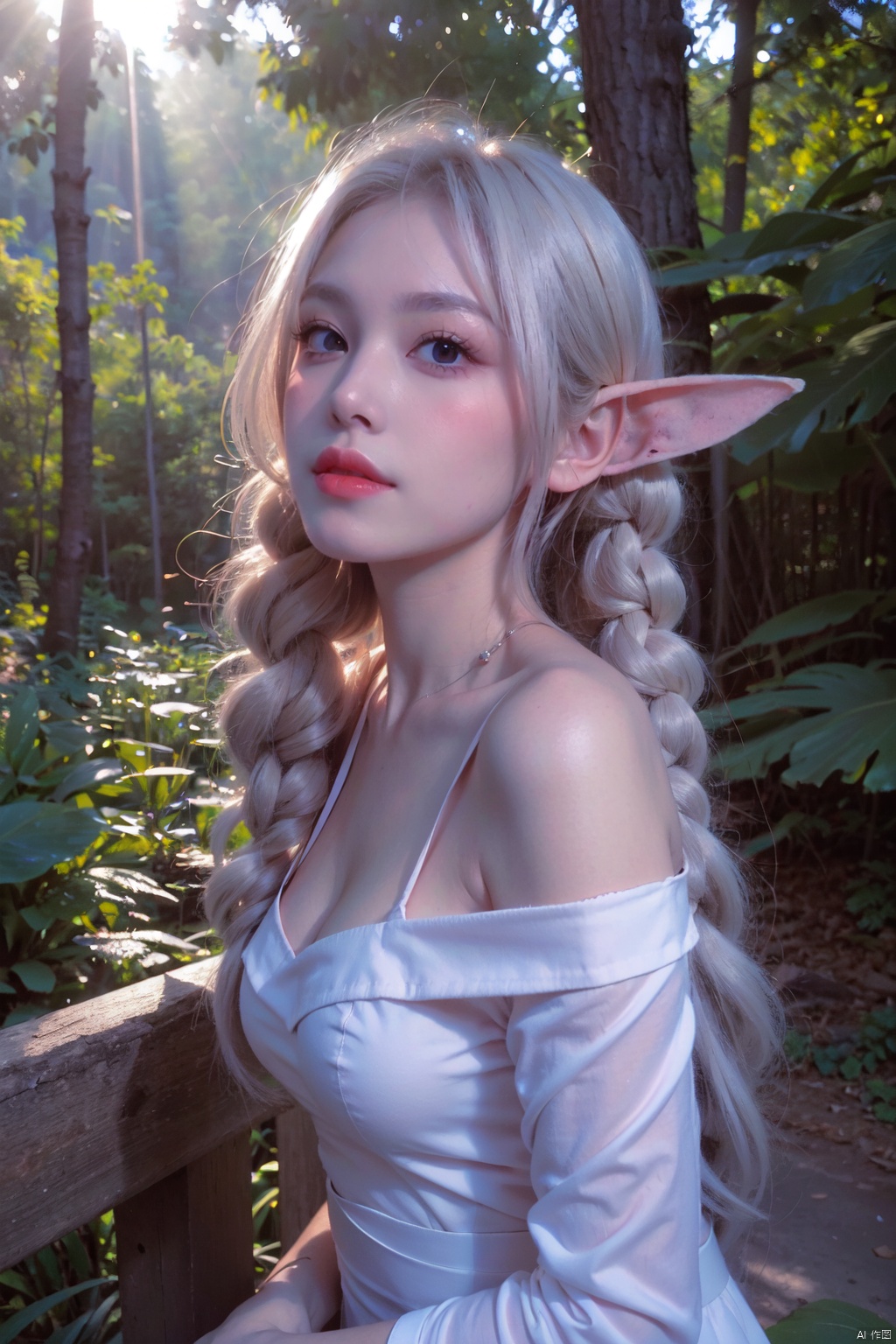  (masterpiece, best quality, high quality, highres, ultra-detailed), realistic,,,1 sweet girl, the greater lord rukkhadevata, (side braid:1.1), long hair,((white hair)), leaf hair ornament, (pointy ears), elf, green eyes, pale skin, bare shoulders, (medium breasts), (cleavage:1.1), jewelry, white long dress, (detached sleeves:1.1), bracelet, (looking away:1.2), (hair floating:1.3), from side,,(in forest:1.3), (pink flowers:1.1), (falling petals:1.1), (lens flare from right:1.2), (god rays from right:1.2),,,