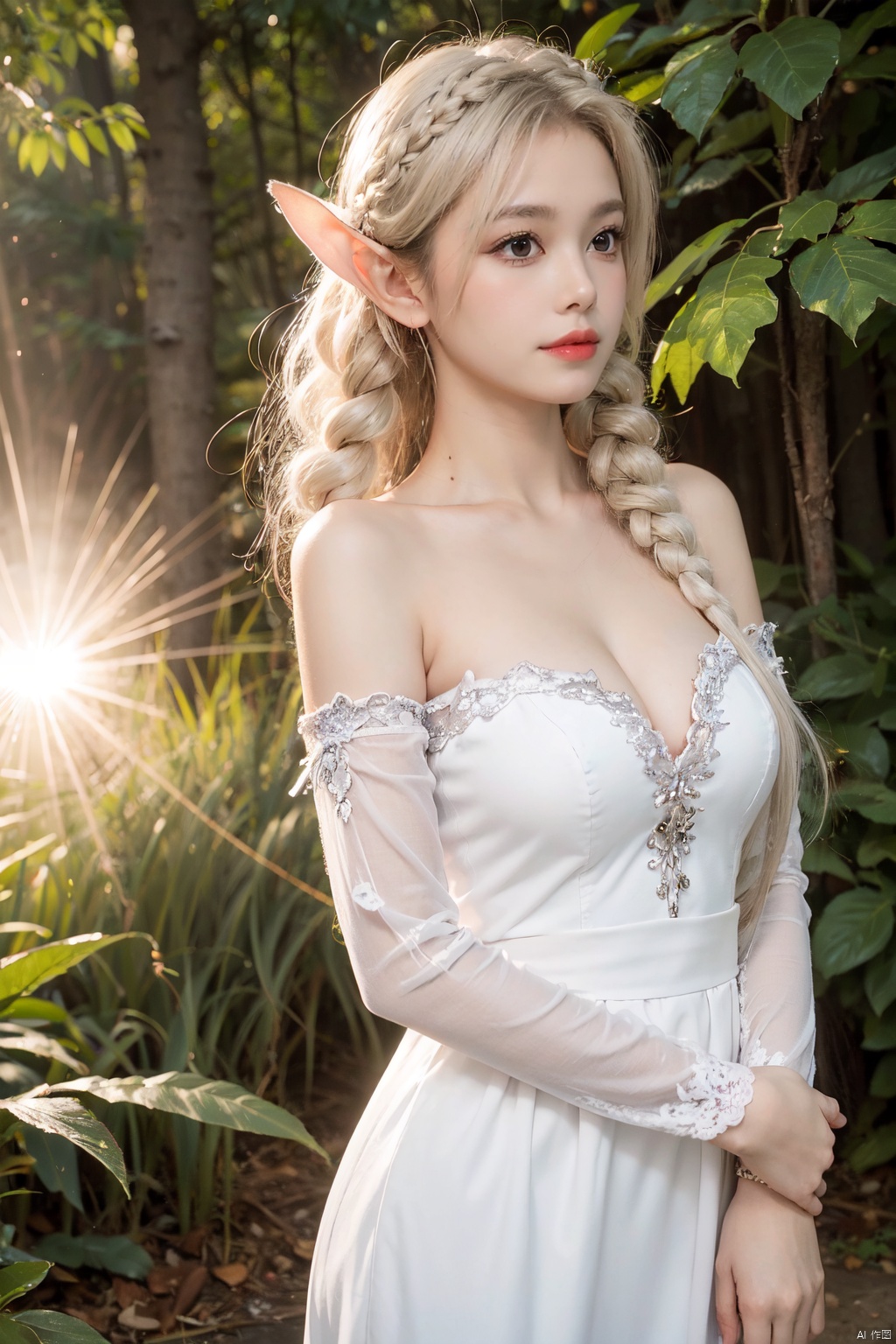  (masterpiece, best quality, high quality, highres, ultra-detailed), realistic,,,1 sweet girl, the greater lord rukkhadevata, (side braid:1.1), long hair,((white hair)), leaf hair ornament, (pointy ears), elf, green eyes, pale skin, bare shoulders, (medium breasts), (cleavage:1.1), jewelry, white long dress, (detached sleeves:1.1), bracelet, (looking away:1.2), (hair floating:1.3), from side,,(in forest:1.3), (pink flowers:1.1), (falling petals:1.1), (lens flare from right:1.2), (god rays from right:1.2),,,
