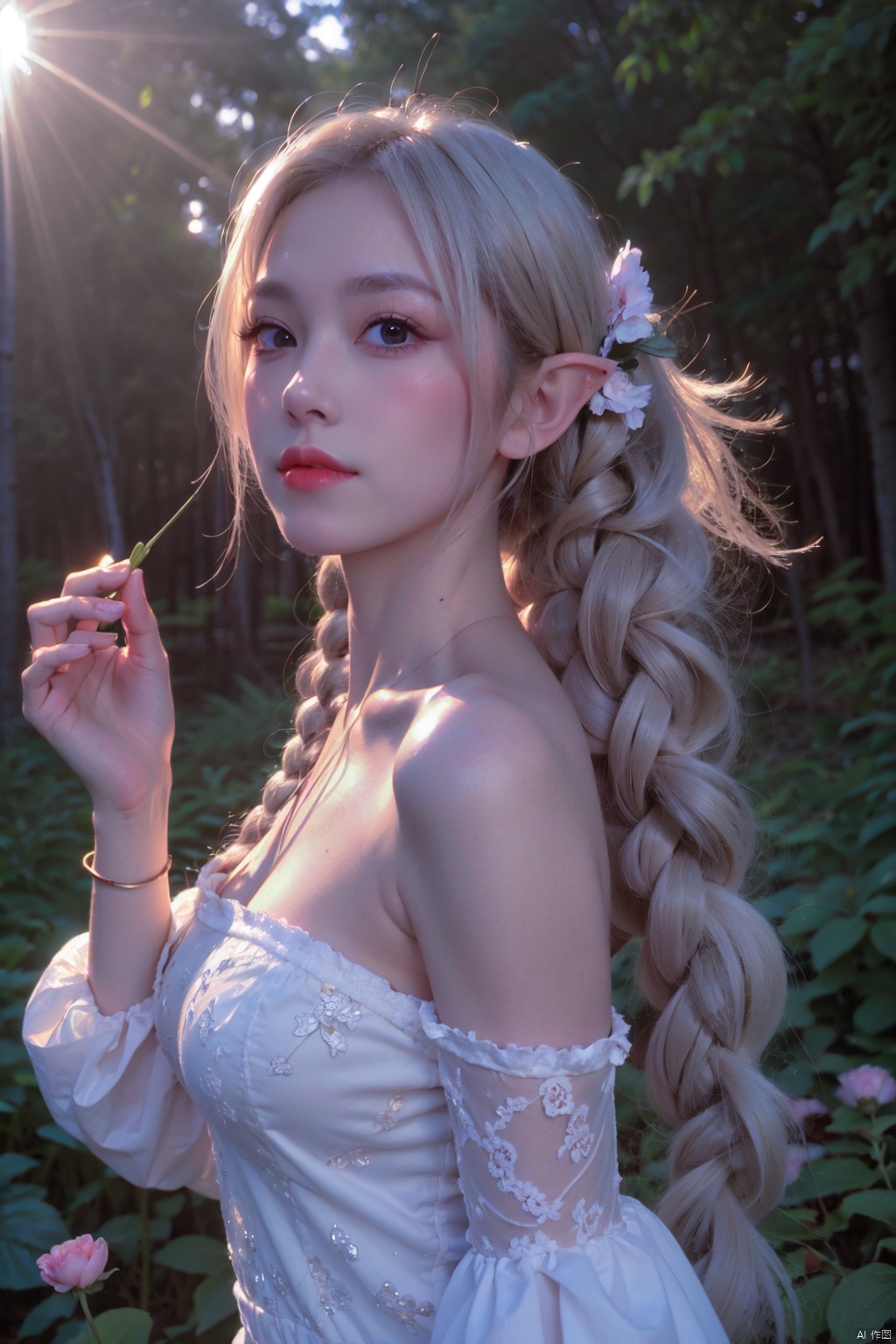  (masterpiece, best quality, high quality, highres, ultra-detailed), realistic,,,1 sweet girl, the greater lord rukkhadevata, (side braid:1.1), long hair,((white hair)), leaf hair ornament, (pointy ears), elf, green eyes, pale skin, bare shoulders, (medium breasts), (cleavage:1.1), jewelry, white long dress, (detached sleeves:1.1), bracelet, (looking away:1.2), (hair floating:1.3), from side,,(in forest:1.3), (pink flowers:1.1), (falling petals:1.1), (lens flare from right:1.2), (god rays from right:1.2),,,